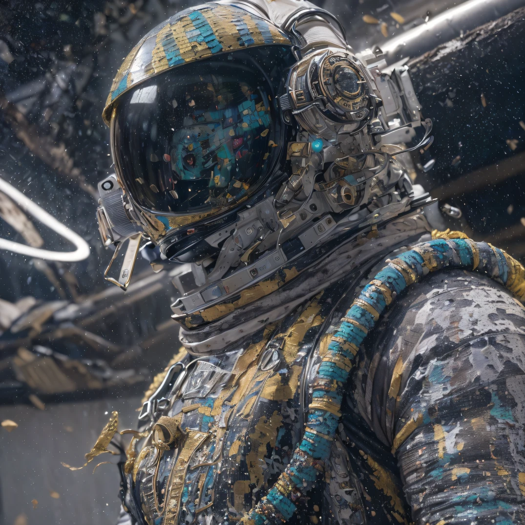 ((ultra real detailed.The astronaut) (Masterpiece, Top quality, Best quality, offcial art, Beauty and aesthetics: 1.2), Very detailed, Colorful, Most detailed, branches, The astronaut, (Mards)The astronaut(canyons), (Linen future spacesuit), Angry fighting stance, looking at the ground, Batik linen bandana, Chinese python pattern long-sleeved garment, Astronaut Canyon(Abstract propylene splash:1.2), Dark clouds lightning background,Sprinkle with gold dust(realisticlying:1.4),Black color hair,Flour fluttering,rainbow background, A high resolution, the detail, RAW photogr, Sharp Re, Nikon D850 Film Stock Photo by Jefferies Lee 4 Kodak Portra 400 Camera F1.6 shots, Rich colors, ultra-realistic vivid textures, Dramatic lighting, Unreal Engine Art Station Trend, cinestir 800,Flowing black hair,(((Mards)))