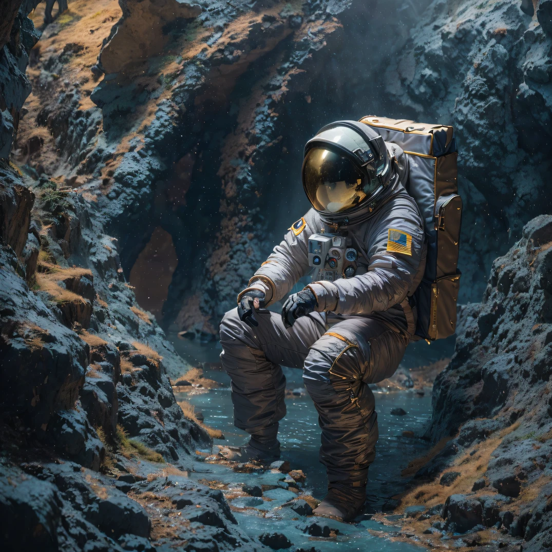 ((ultra real detailed.The astronaut) (Masterpiece, Top quality, Best quality, offcial art, Beauty and aesthetics: 1.2), Very detailed, Colorful, Most detailed, branches, The astronaut, （Mards）The astronaut（canyons）， （Linen future spacesuit）， Angry fighting stance， looking at the ground， Batik linen bandana， Chinese python pattern long-sleeved garment， Astronaut Canyon（Abstract propylene splash：1.2）， Dark clouds lightning background，Sprinkle with gold dust（realisticlying：1.4），Black color hair，Flour fluttering，rainbow background， A high resolution， the detail， RAW photogr， Sharp Re， Nikon D850 Film Stock Photo by Jefferies Lee 4 Kodak Portra 400 Camera F1.6 shots, Rich colors, ultra-realistic vivid textures, Dramatic lighting, Unreal Engine Art Station Trend, cinestir 800，Flowing black hair,（（（Mards）））