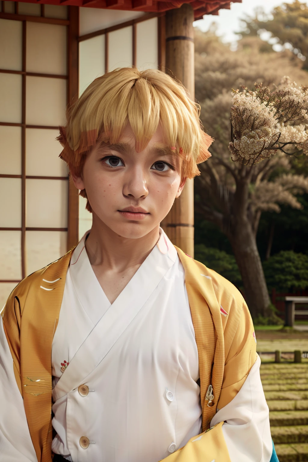 masterpiece, best quality, high quality, 1boy, solo, male focus, looking at viewer, upper body, agatsuma_zenitsu, blonde hair, japanese_clothes,