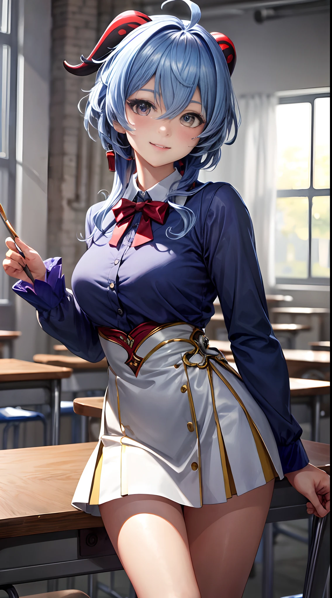 high school classroom, Wearing high school student uniform, ganyudef, exteriors, simple background, short detailed hair, moody light, high-definition picture quality, Charming, smiling expression, Be red in the face, Blush, Bare legged, middle rounded breast, fashion model posing, (Masterpiece, Best quality:1.4), professional artwork, intricate details, sharp focus, detail painting, photorealistic, trending on pixiv, realistic shadow,
