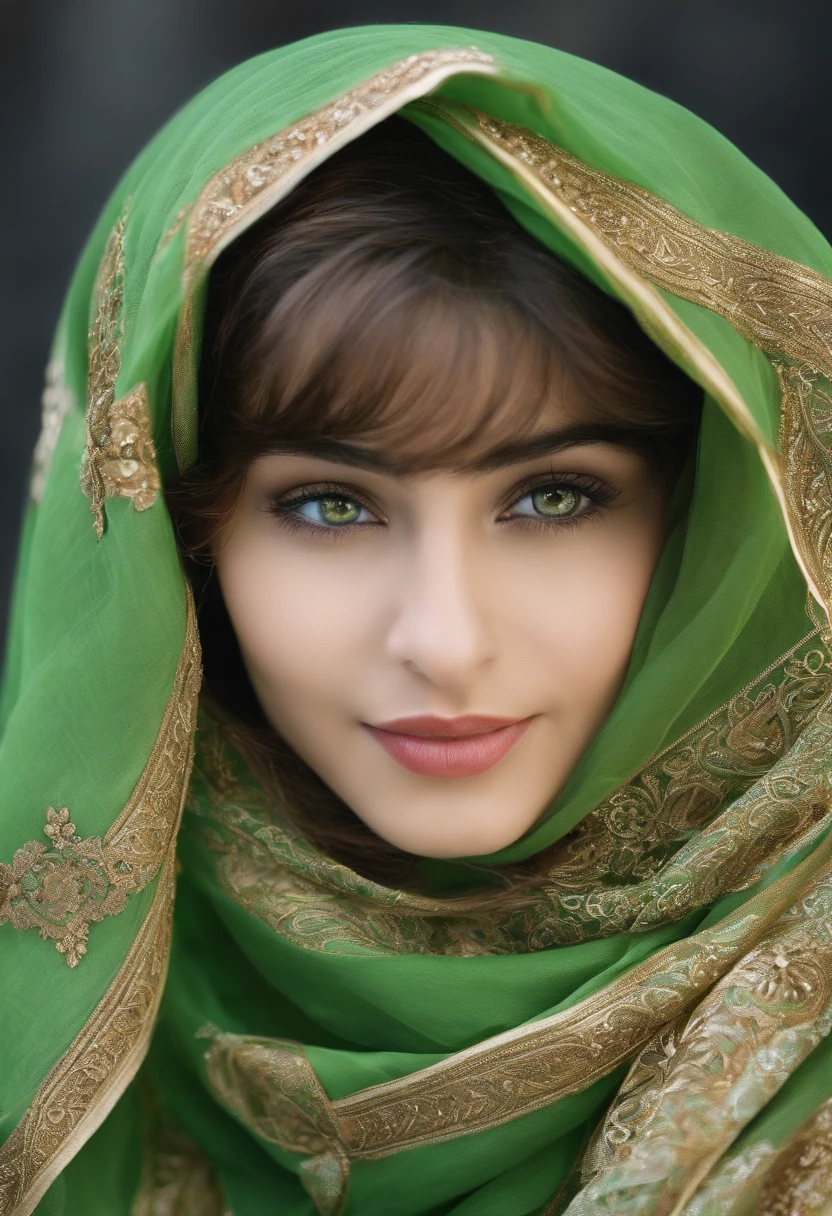 Please cover the face on the headscarf like a Muslim girl green eyes bright face soft voice