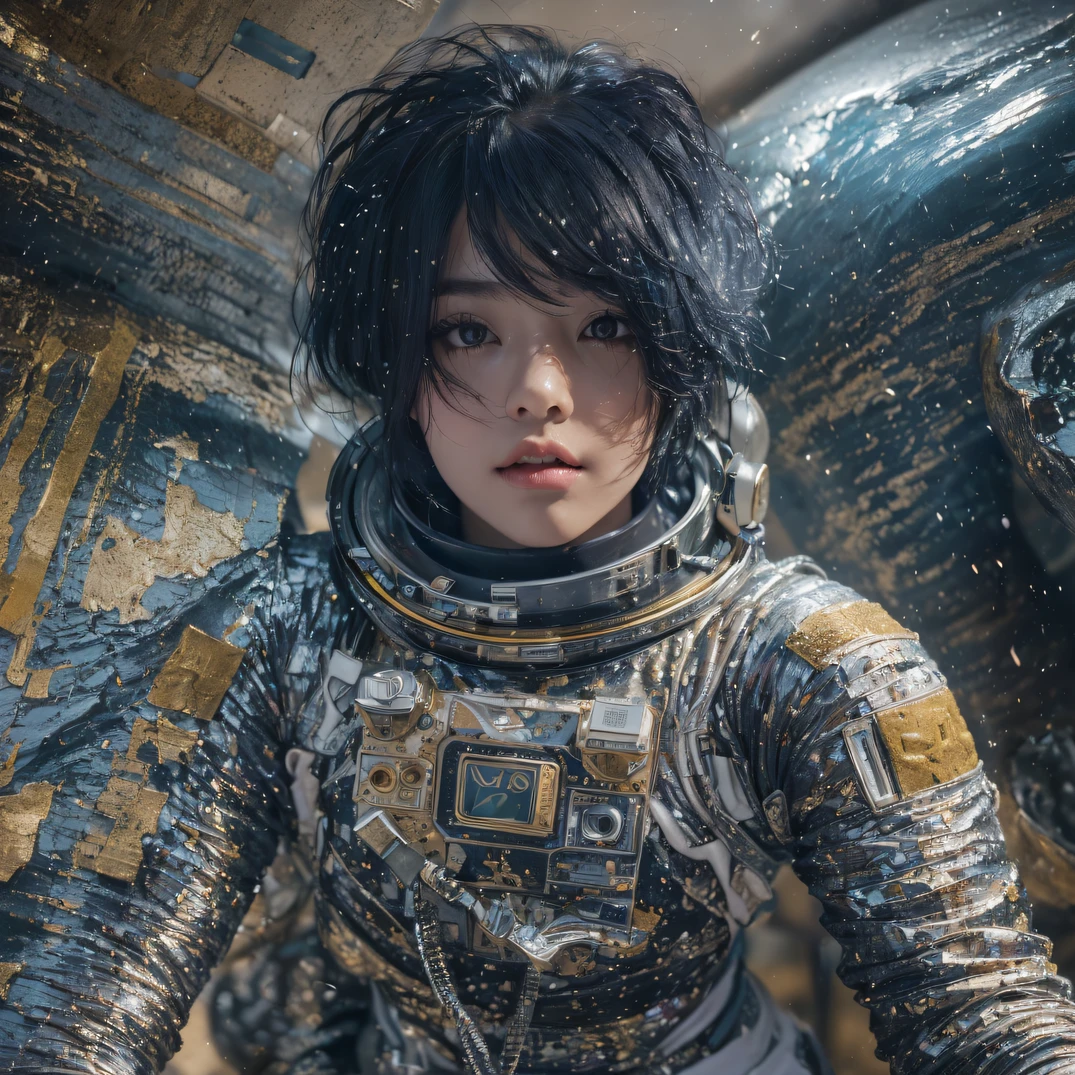 ((ultra real detailed.The astronaut) (Masterpiece, Top quality, Best quality, offcial art, Beauty and aesthetics: 1.2), Very detailed, Colorful, Most detailed, branches, The astronaut, (Mards)The astronaut(canyons), (Linen future spacesuit), Angry fighting stance, looking at the ground, Batik linen bandana, Chinese python pattern long-sleeved garment, Astronaut Canyon(Abstract propylene splash:1.2), Dark clouds lightning background,Sprinkle with gold dust(realisticlying:1.4),Black color hair,Flour fluttering,rainbow background, A high resolution, the detail, RAW photogr, Sharp Re, Nikon D850 Film Stock Photo by Jefferies Lee 4 Kodak Portra 400 Camera F1.6 shots, Rich colors, ultra-realistic vivid textures, Dramatic lighting, Unreal Engine Art Station Trend, cinestir 800,Flowing black hair,(((Mards)))