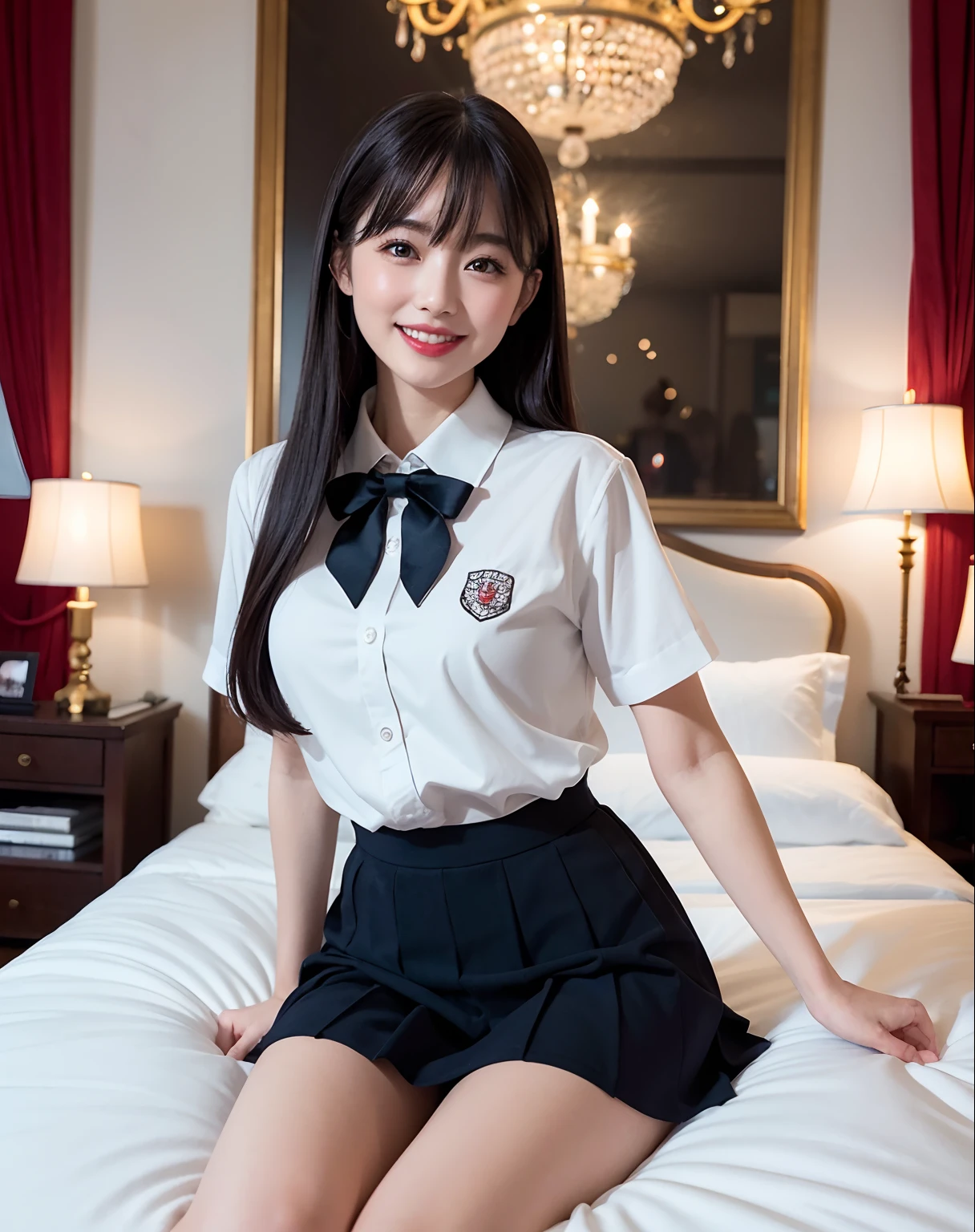 (Phenomenally cute schoolgirl、Japan Girl Uniform、Wearing Japan school uniform、a hyperrealistic schoolgirl、Dressed as a schoolgirl、a hyperrealistic schoolgirl、Realistic Schoolgirl、Girl in Uniform、Woman in Japan in dark blue short skirt and shirt and bow tie Goddess of Japan, Sexy Girl, Chest that looks like it's going to burst, Phenomenal cuteness)、(((Expensive VIP room in a gorgeous royal family,Princess Room,The most gorgeous room,White and gold room,White and gold background,White marble, Sit on a plush bed,Sit on a plush bed,Huge bed luxurious royal bedroom complete interior,Luxuriously furnished beds,Large room,Detailed chandelier,Luxury beyond imagination,Inside the Royal Palace, Room decorated with many ornaments, ornate decorations,Dazzling light, gorgeous decoration、Embroidered crimson velvet,Beautiful canopy、very elegant,High ceiling with crystal chandeliers suspended)))、((See the perfect camera here,Big smile,Clean teeth,perfect teeth,White teeth,finerly detailed face,Perfect fingers,Perfect hands,Accurate 5 fingers)),Schoolgirl Pose、full body Esbian、View here,Center view、、Bold poses、Inviting eyes、Open crotch、panty visible、Nice skin、glistning skin、lovely thighs、glowing thigh、shining legs、bare-legged , High School in Japan 、乃木坂アイドル、Eyes that invite the highest quality，tmasterpiece，hight resolution，1girll，Beautiful expression，Red High Gloss Lipstick，Physical，dingdall effect，realisticlying，Dark Studio，edge lit，two tone lighting，（highdetailskin：1.2），8K Ultra HD， Digital SLR, softlighting, hightquality, volumettic light, Sneak Shots, Photore, hight resolution