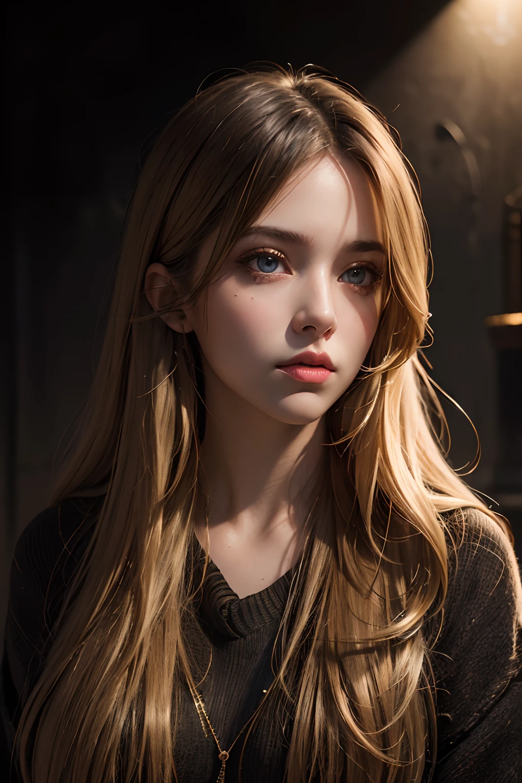 Best quality, masterpiece, ultra high res, (photorealistic:1.4), raw photo, 1girl, long hair, gold hair, detailed eyes and face, black sweater, dynamic lighting, in the dark, deep shadow, low key, cowboy shot