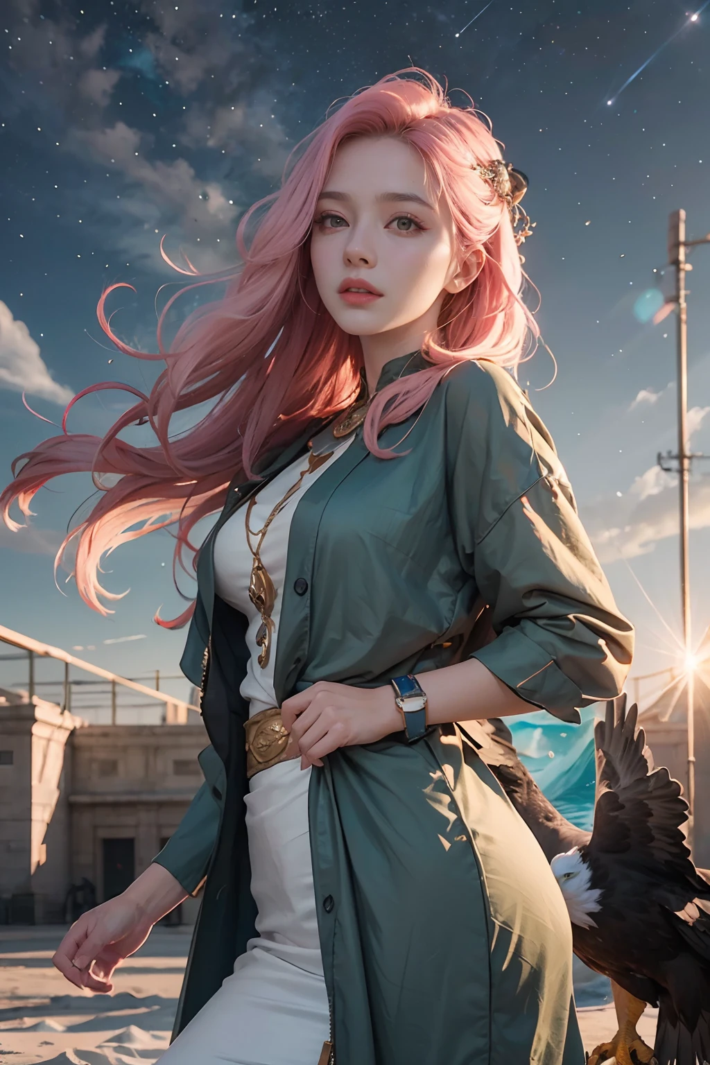 1 beautiful woman,Long pale pink hair,Long flowing hair,((A large eagle is grounded in the sky:2)),Outdoor starry sky,meteors,(RAW photos,best qualtiy),(realisticlying,photograph realistic:1.3),best qualtiy,highly detailed,tmasterpiece,Hyper-detailing,illustratio,1girll,The upper part of the body_Body,dynamic angle,Masterpiece Theatre of the World,Messy_Long_Hair,best qualtiy,extremely detailed CG unity 8k wal,ink,astounding,cinmatic lighting,lens_flare,,dunhuang_Style