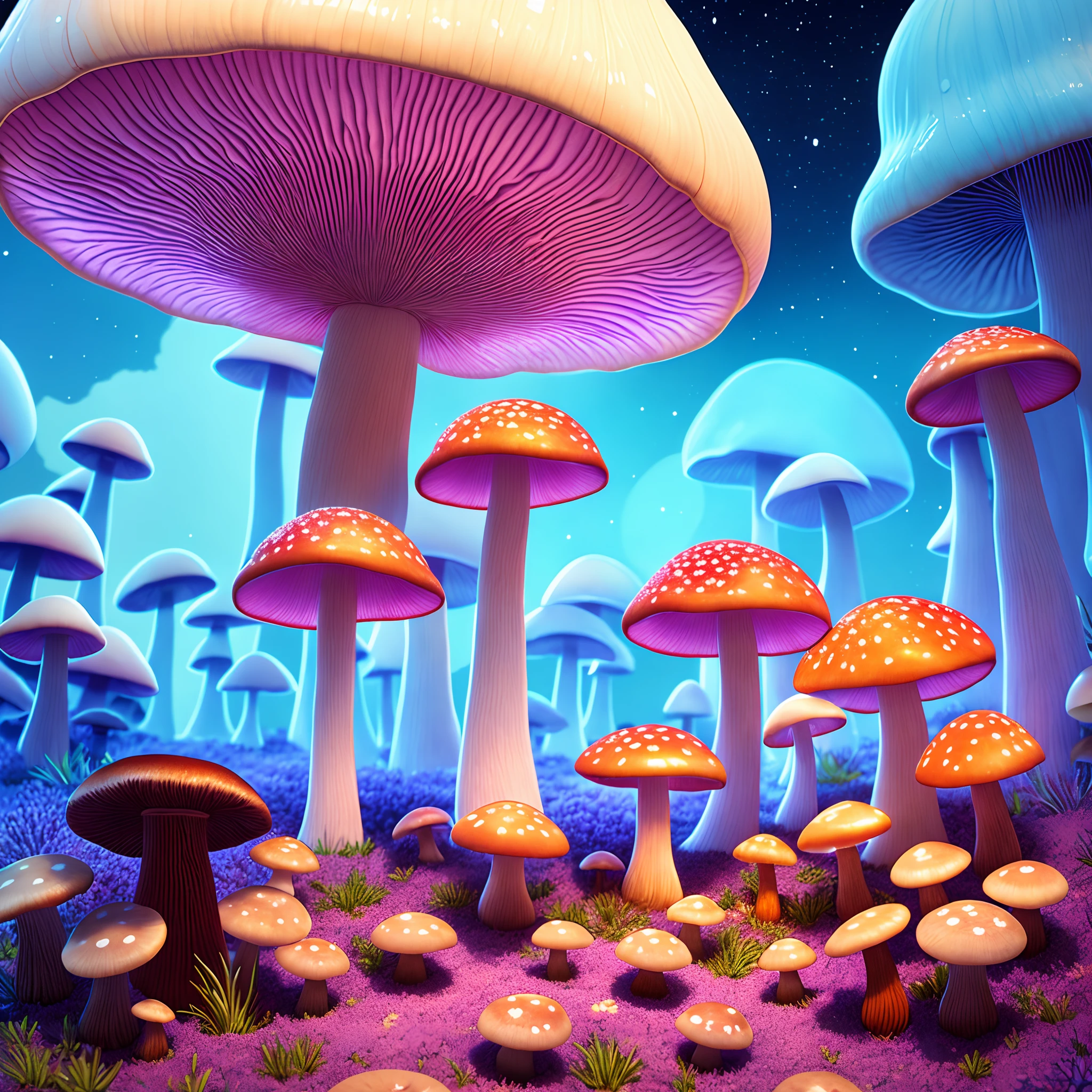 Comfortable poster，There is a large mushroom in the close-up，There are 3 mushrooms in the distance，Cinematic composition，hyperrealism photography,closeup cleavage，Close-up of mushrooms，Large mushrooms，crystal-clear，A large mushroom on an icy planet, in a. Lavender smoke, Octane rendering of the Weta number, Exotic colored pastels, Ray-traced lighting and reflections