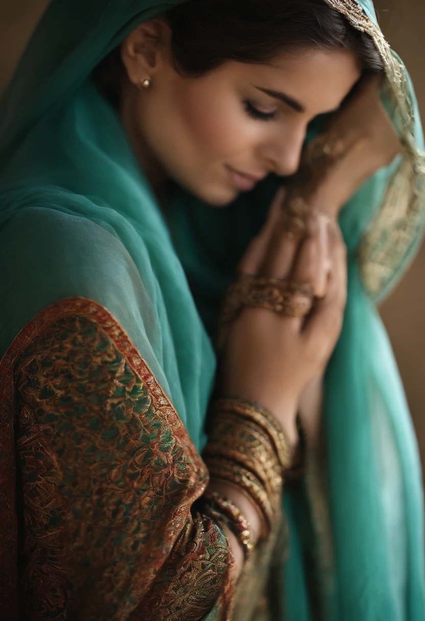 Please cover the face over the scarf, hair covered fully, comme une fille musulmane, yeux verts visage lumineux voix douce