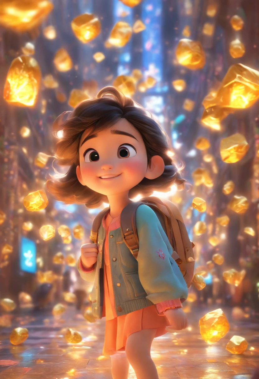 (Pixar style),A -year Chin girl,Large backpack,The ground is full of precious stones and gold coins,Miniature character model, Light source from right to left, Rum lighting, Light source from right to left, Realistic proportions, Post-processing, ((Orthogonal perspective)), Super detail, Realistic, Super realistic, photoreal render,