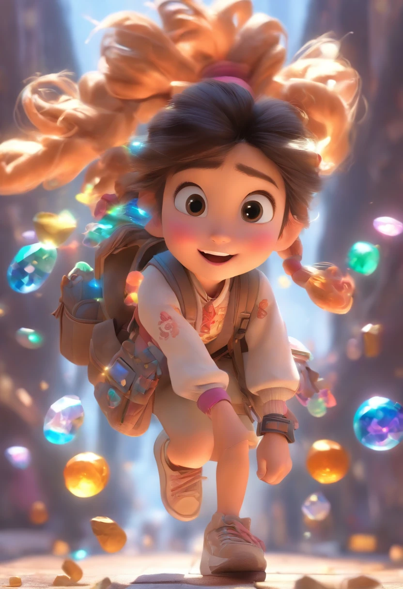 （Pixar style),A five-year-old Chinese girl，Large backpack，The ground is full of precious stones and gold coins，Miniature character model, Light source from right to left, Rum lighting, Light source from right to left, Realistic proportions, Post-processing, ((Orthogonal perspective)), Super detail, Realistic, Super realistic, photoreal render,