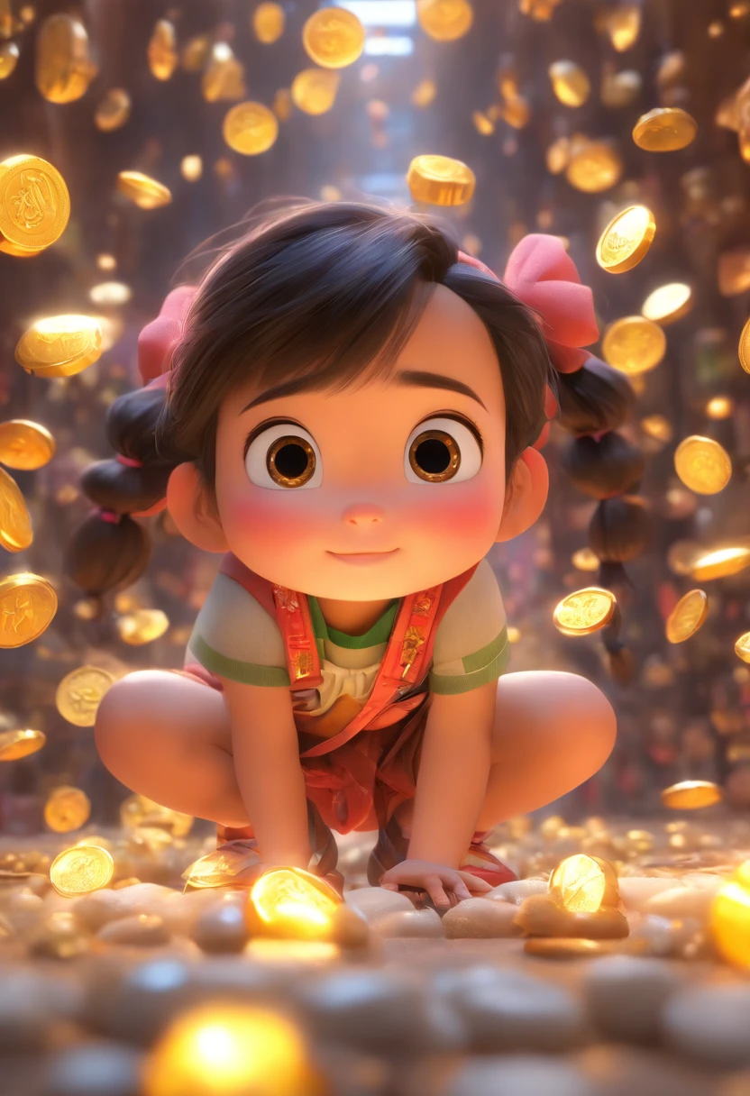 （Pixar style),A five-year-old Chinese girl，Large backpack，The ground is full of precious stones and gold coins，Miniature character model, Light source from right to left, Rum lighting, Light source from right to left, Realistic proportions, Post-processing, ((Orthogonal perspective)), Super detail, Realistic, Super realistic, photoreal render,
