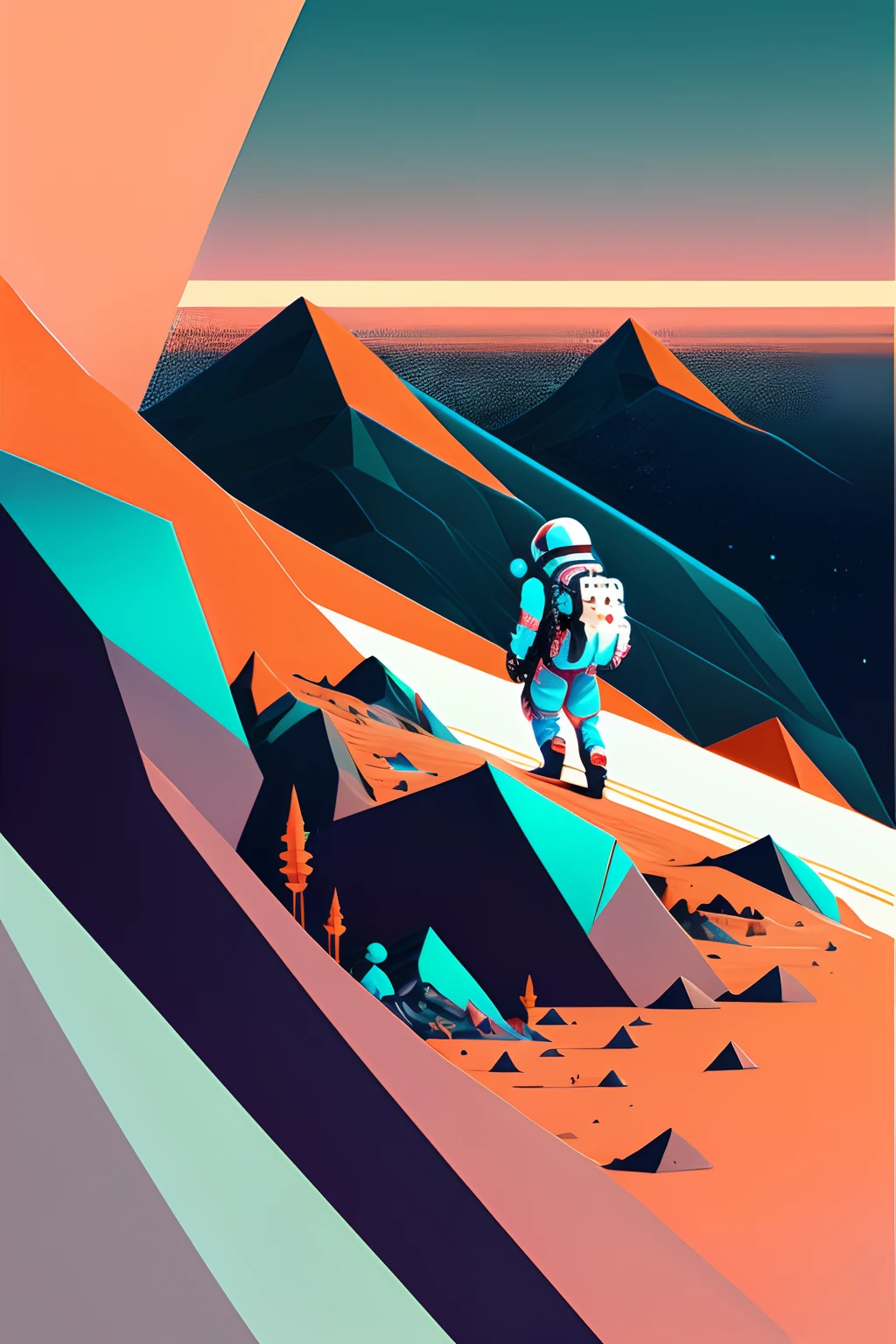 (Cyberpunk landscape), (Zen, Amy Sol style), (Geomorphology,Uneven surface，Cyberpunk interface ), One astronaut wearing a white spacesuit full of science and technology，Close-up of climbing a steep mountain。Cover art, Simple vector art, Contemporary cyberpunk art, Gradient of color, Soft color palette, layered forms, Whimsical animation, The style is ethereal and abstract, 4K, --v6
