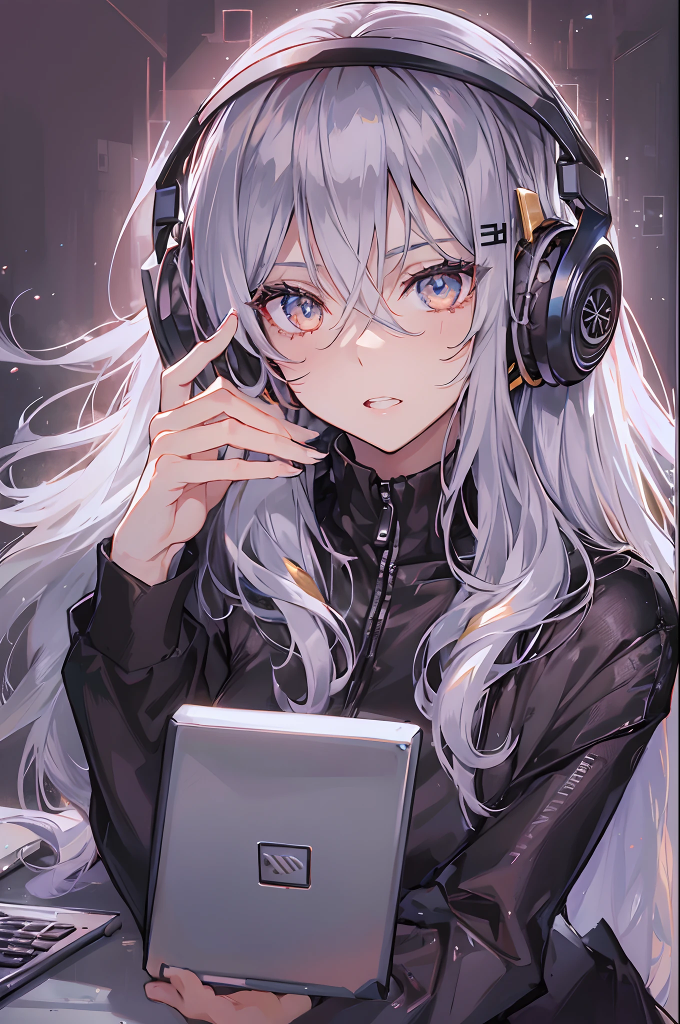 Woman using computer with big screen、silber hair、Semi-long hair、Wearing cool headphones,{{{{{{{{ Black Parker Oversize }}}}}}}},beautiful and delicate golden eyes,Thinking,Black clothes,