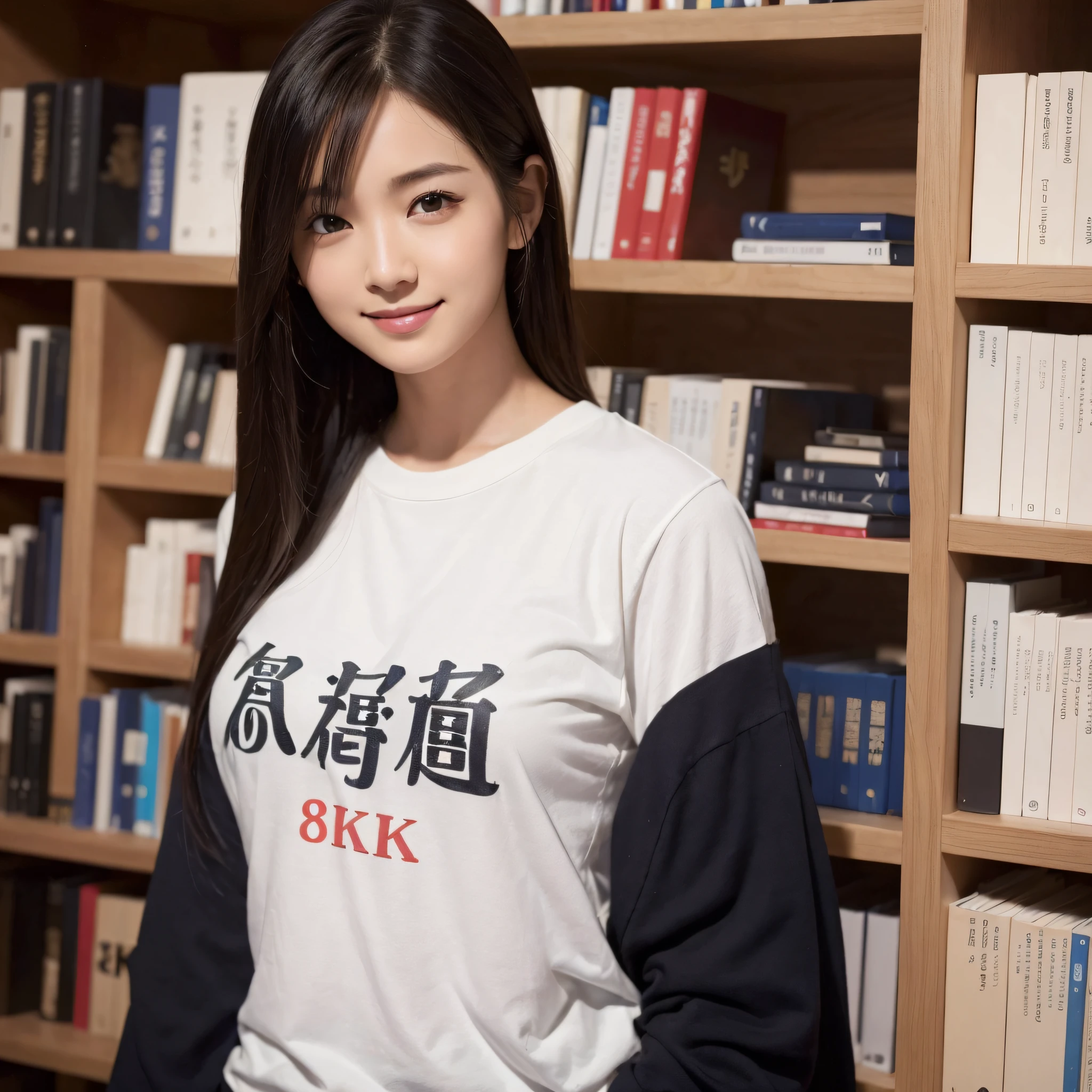 One beauty、((best qualtiy、8k masterpieces:1.3))、foco nítido:1.2、(ultra beautiful faces:1.0)、(shinny skin:1.0)、photos realistic、A dark-haired、Video Lighting、High-definition eyes and face、Video Lighting、Japan idle、from the front side、medium breasts、Smile、Slender Abs Beauty、Whole body、Wearing a T-shirt with Japan kanji written on it、at the library