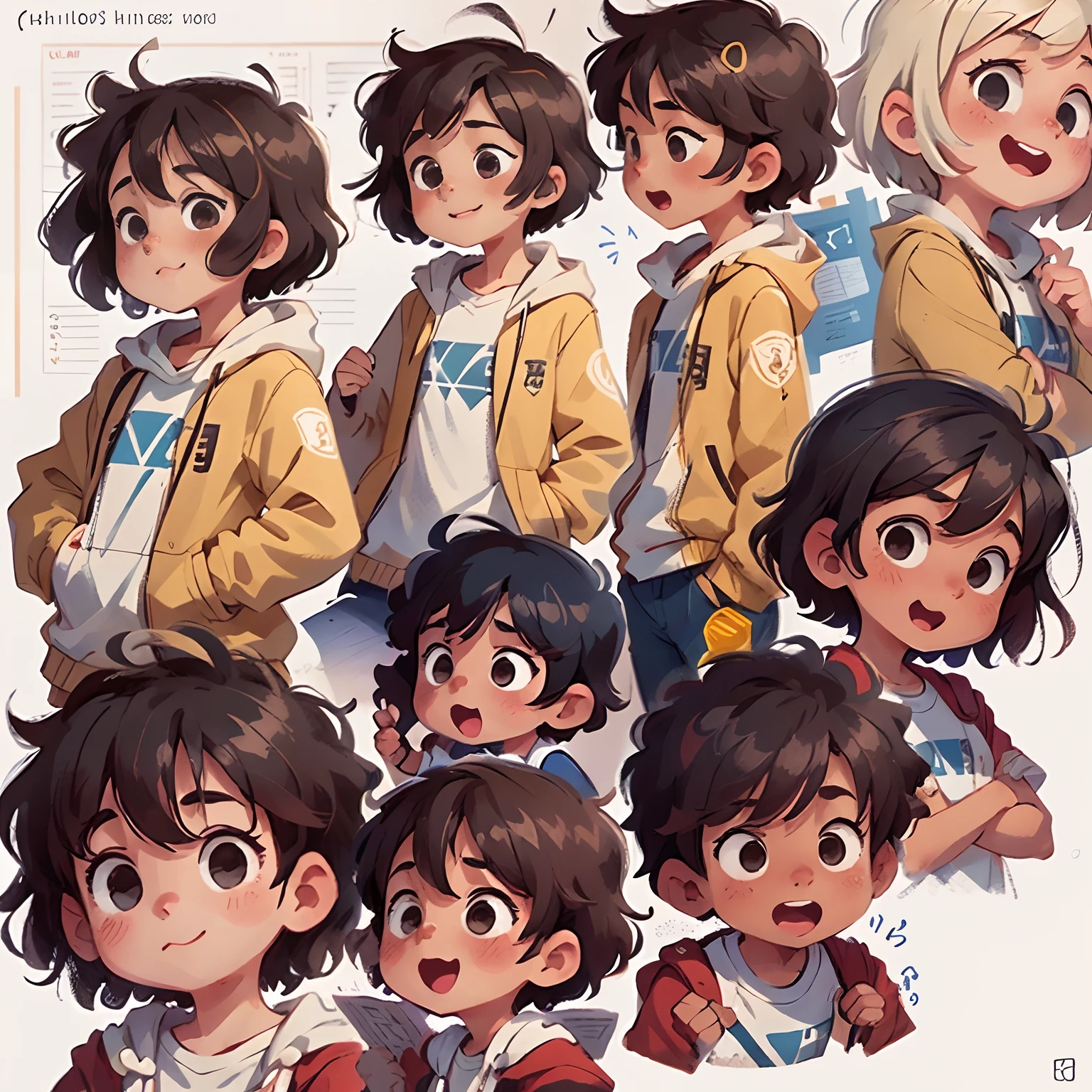 A boy with short curly hair, cheerfulness
((From several different angles))
From the opposite side, From behind, From personal data,
 full bodyesbian,  Different angels,
 In the style of the characters in Childreb's book, character sheets, White background, adjective + object, character sheets, Children's book characters, White background