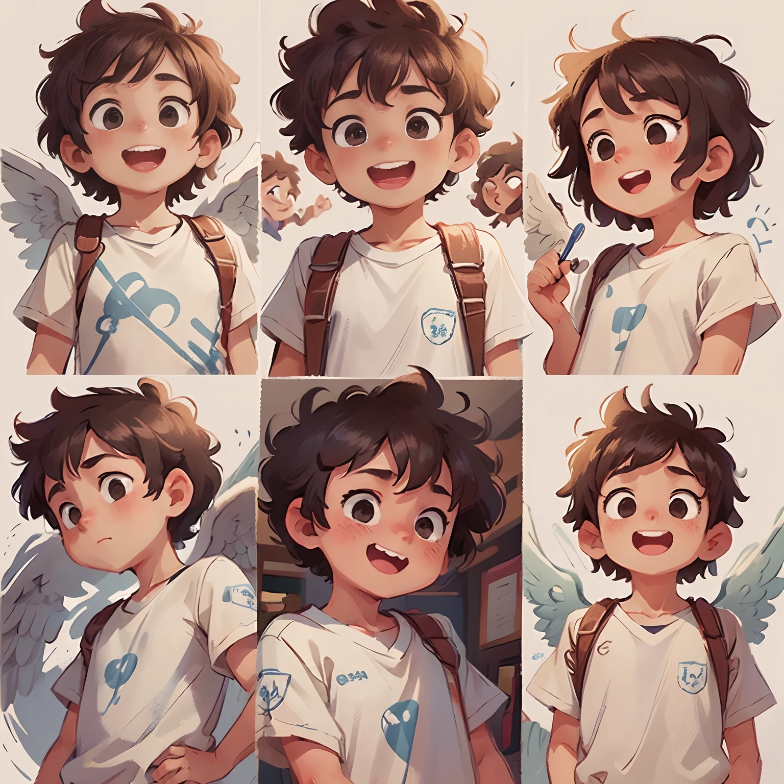A boy with short curly hair, cheerfulness
((From several different angles))
From the opposite side, From behind, From personal data,
full bodyesbian, Different angels,
In the style of the characters in Childreb's book, character sheets, White background, adjective + object, character sheets, Children's book characters, White background