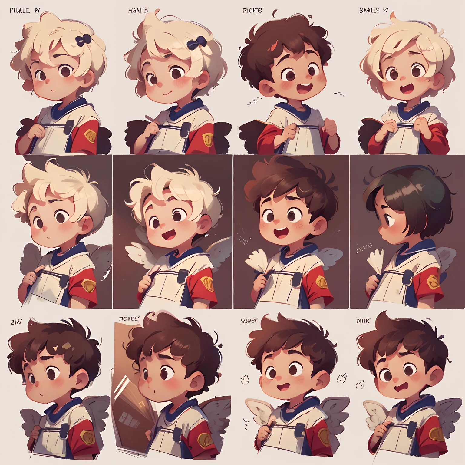 A boy with short curly hair, cheerfulness
((From several different angles))
From the opposite side, From behind, From personal data,
 full bodyesbian,  Different angels,
 In the style of the characters in Childreb's book, character sheets, White background, adjective + object, character sheets, Children's book characters, White background