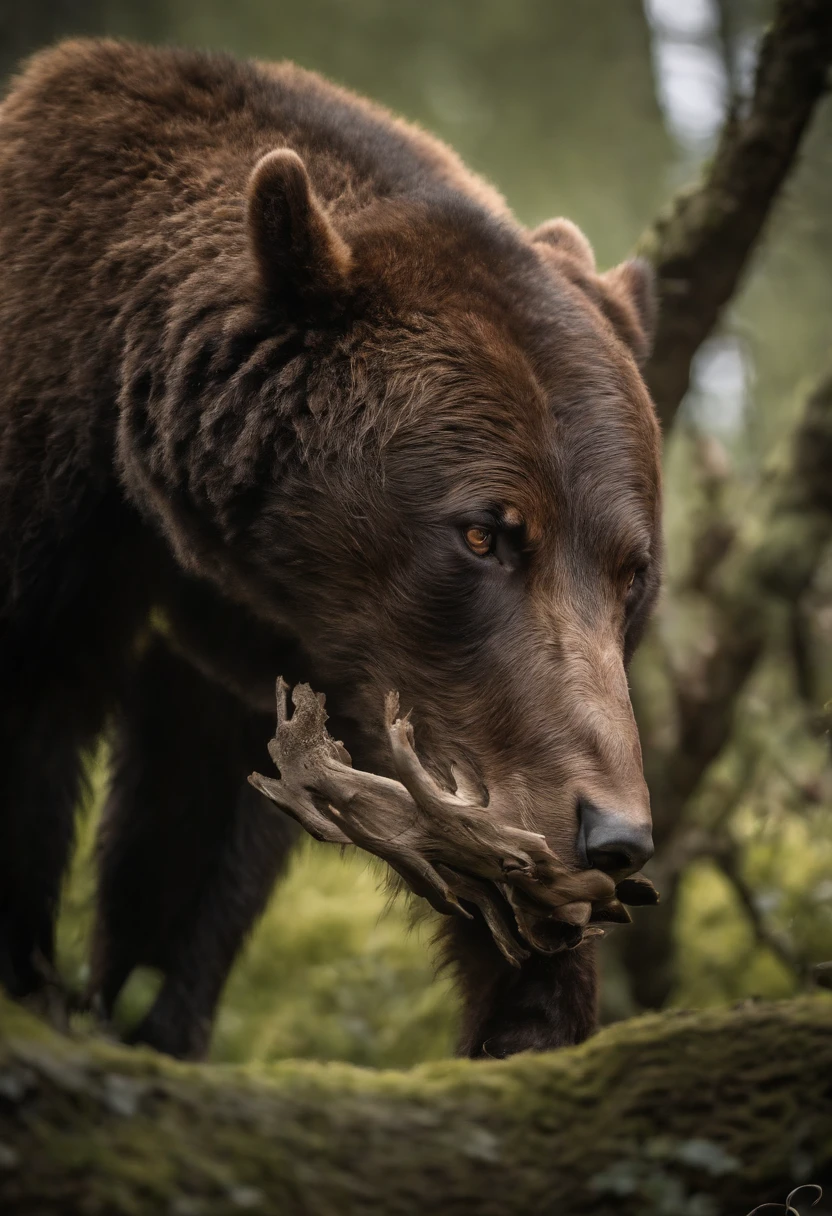 best quality,ultra-detailed,realistic,animal,bear,forest path,attacking,aggressive,ferocious,scary,dangerous,sharp claws,strong muscle,majestic,dominant,wild nature,natural habitat,dark green foliage,shadows of trees,sunlight filtering through leaves,lush vegetation,thick shrubs,roaring sound,adrenaline rush,snarling mouth,intense gaze,intimidating presence,rocks and stones on the ground,fallen tree trunks,deer running away,fearful prey,outdoor,naturalistic lighting,fierce predator,horror movie atmosphere
