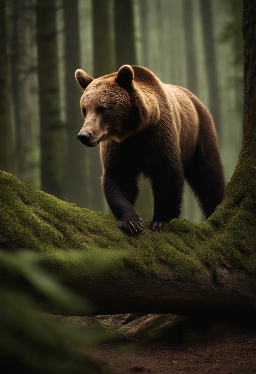 best quality,ultra-detailed,realistic,animal,bear,forest path,attacking,aggressive,ferocious,scary,dangerous,sharp claws,strong muscle,majestic,dominant,wild nature,natural habitat,dark green foliage,shadows of trees,sunlight filtering through leaves,lush vegetation,thick shrubs,roaring sound,adrenaline rush,snarling mouth,intense gaze,intimidating presence,rocks and stones on the ground,fallen tree trunks,deer running away,fearful prey,outdoor,naturalistic lighting,fierce predator,horror movie atmosphere