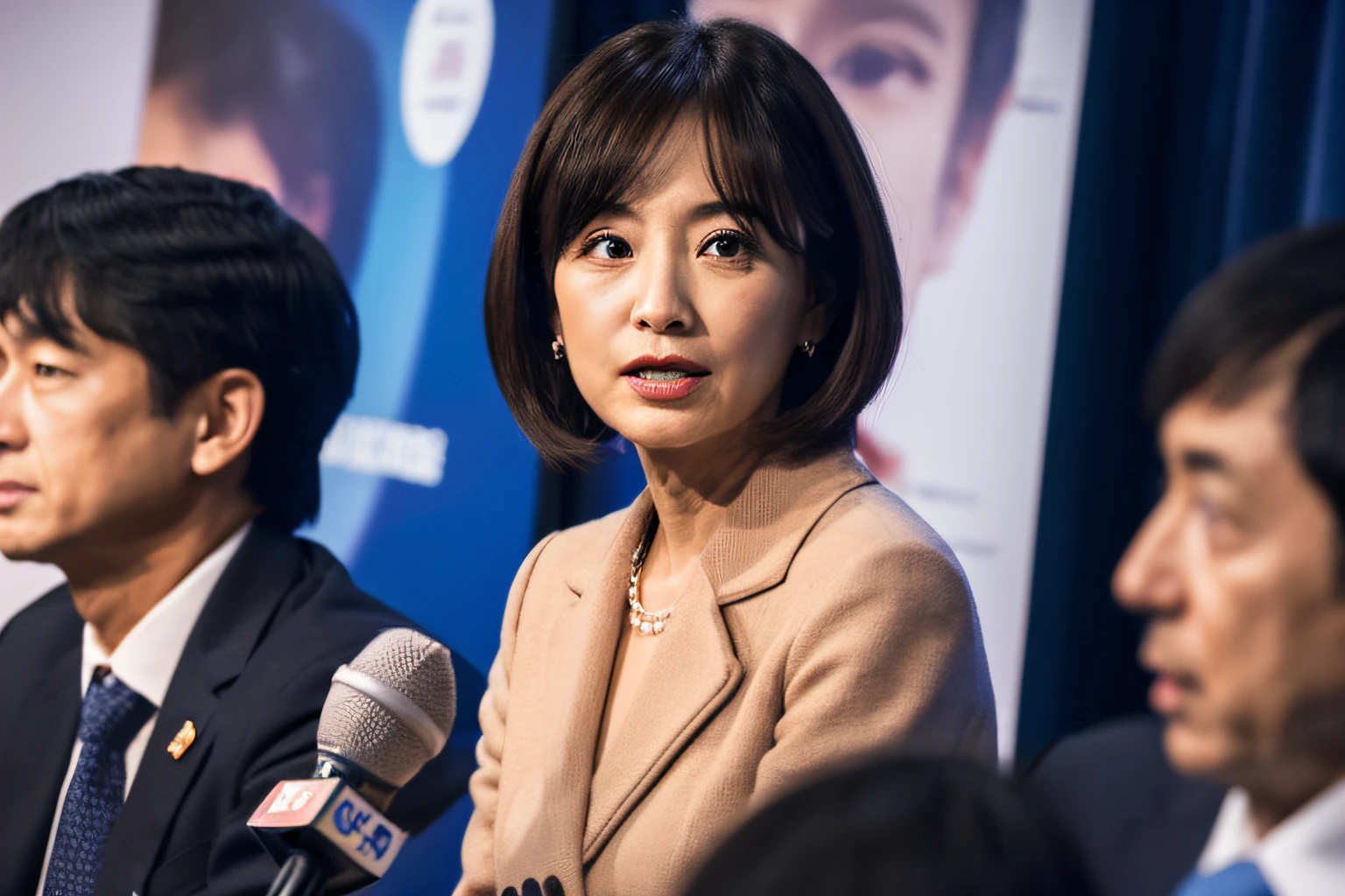 japanes、asian human、Hold the microphone and speak、Speak with your mouth open、looking left、suits、Female in her 60s、Wrinkles around the eyes、Authoritative face、press conference、Body and head straight in the photo、DSRL、Facing the viewer of the photo、The eye fixed on the lens is、Shoulders and head shown in the photo、Man in the center of the photo、8K、top-quality、​masterpiece、Realistic and realistic photos、Movie Photos、A hyper-realistic、1 persons、detaileds、Perfect litthing、 DSRL、professional photograpy、4K