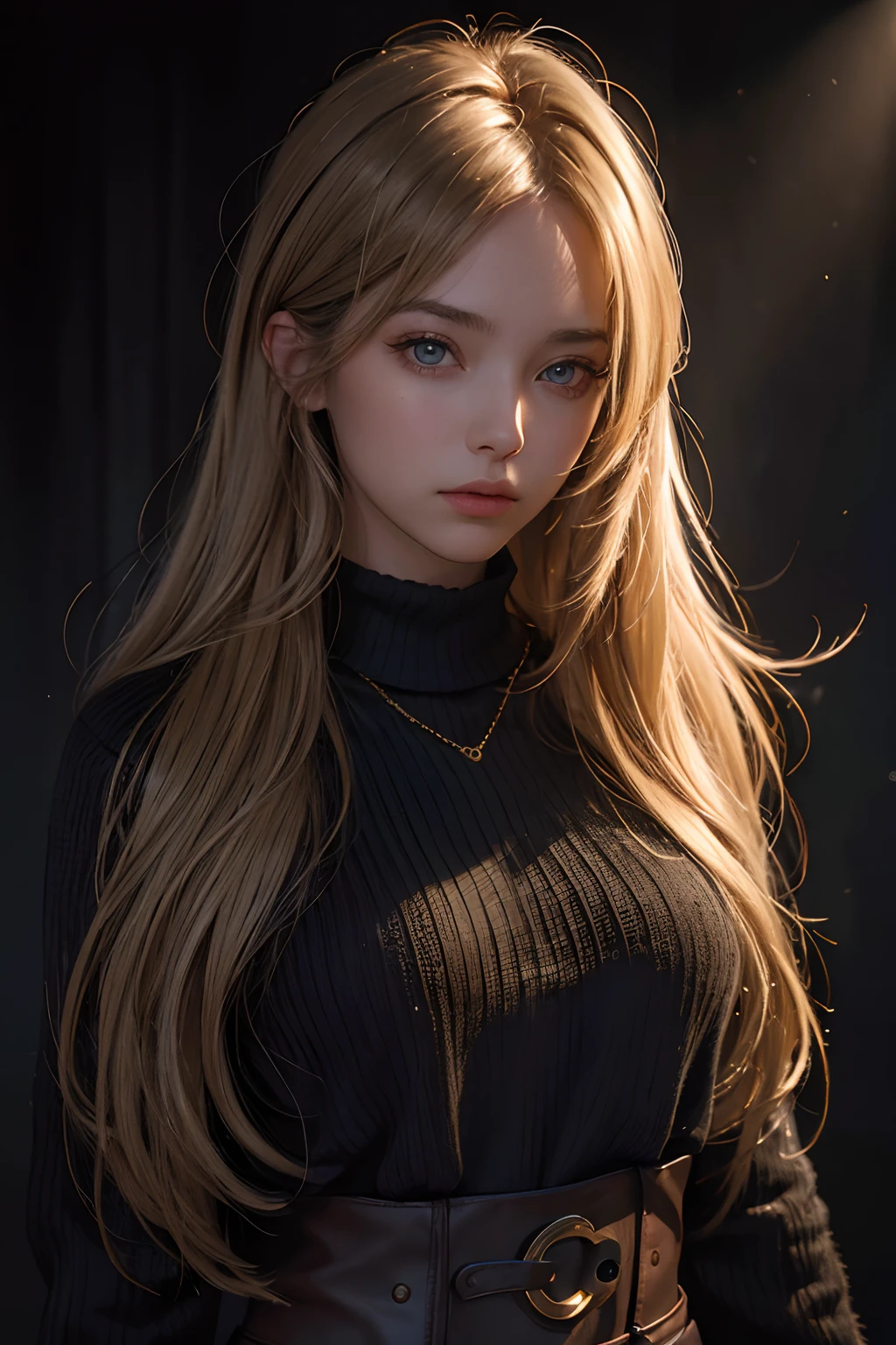 Best quality, masterpiece, ultra high res, (photorealistic:1.4), raw photo, 1girl, long hair, gold hair, detailed eyes and face, black sweater, dynamic lighting, in the dark, deep shadow, low key, cowboy shot