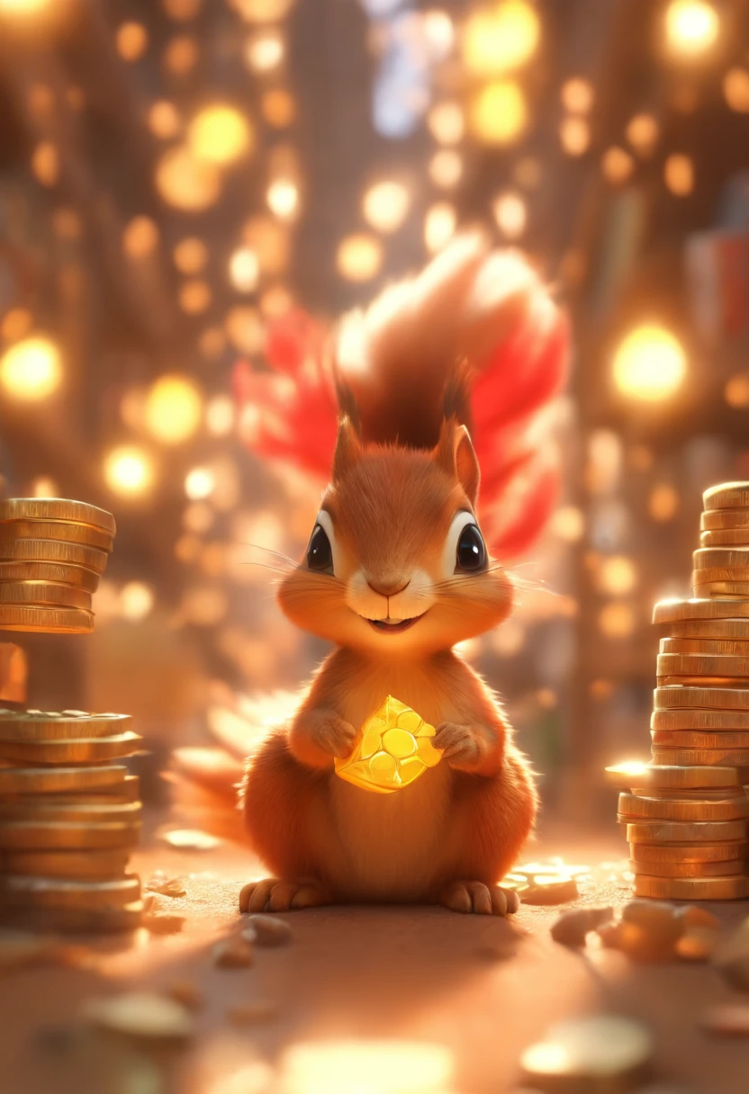 （Pixar style),A small squirrel，A small red dinosaur，chests，Pedras preciosas、gold coins，Miniature character model, Light source from right to left, Rum lighting, Light source from right to left, Realistic proportions, Post-processing, ((Orthogonal perspective)), Super detail, Realistic, Super realistic, photoreal render,