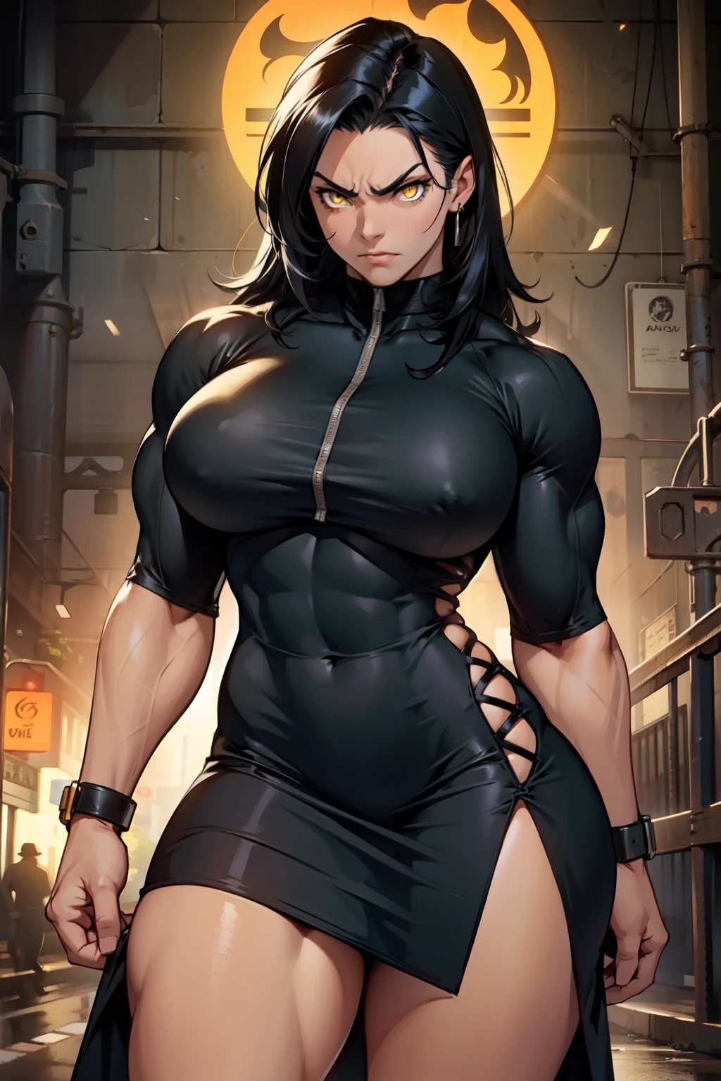 muscular toned body bodybuilder huge breasts black hair yellow eyes angry 1girl dress cowboy shot curvy