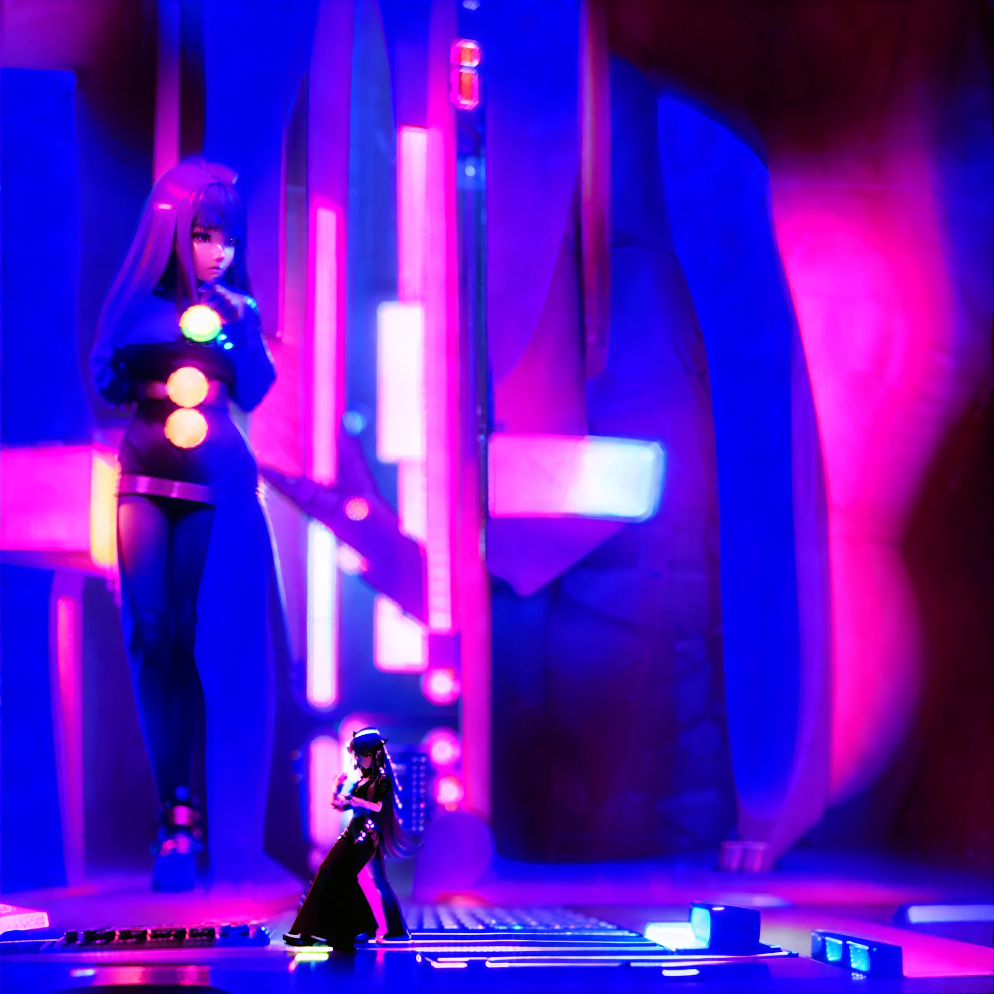 Cute girl with a full body of intricate details stands in a neon-lit room, her fingers dancing across the keys of a synthesizer, perfecto body, long hair, anime style, purple colors,  photorealistic, cgi, --ar 9:16
