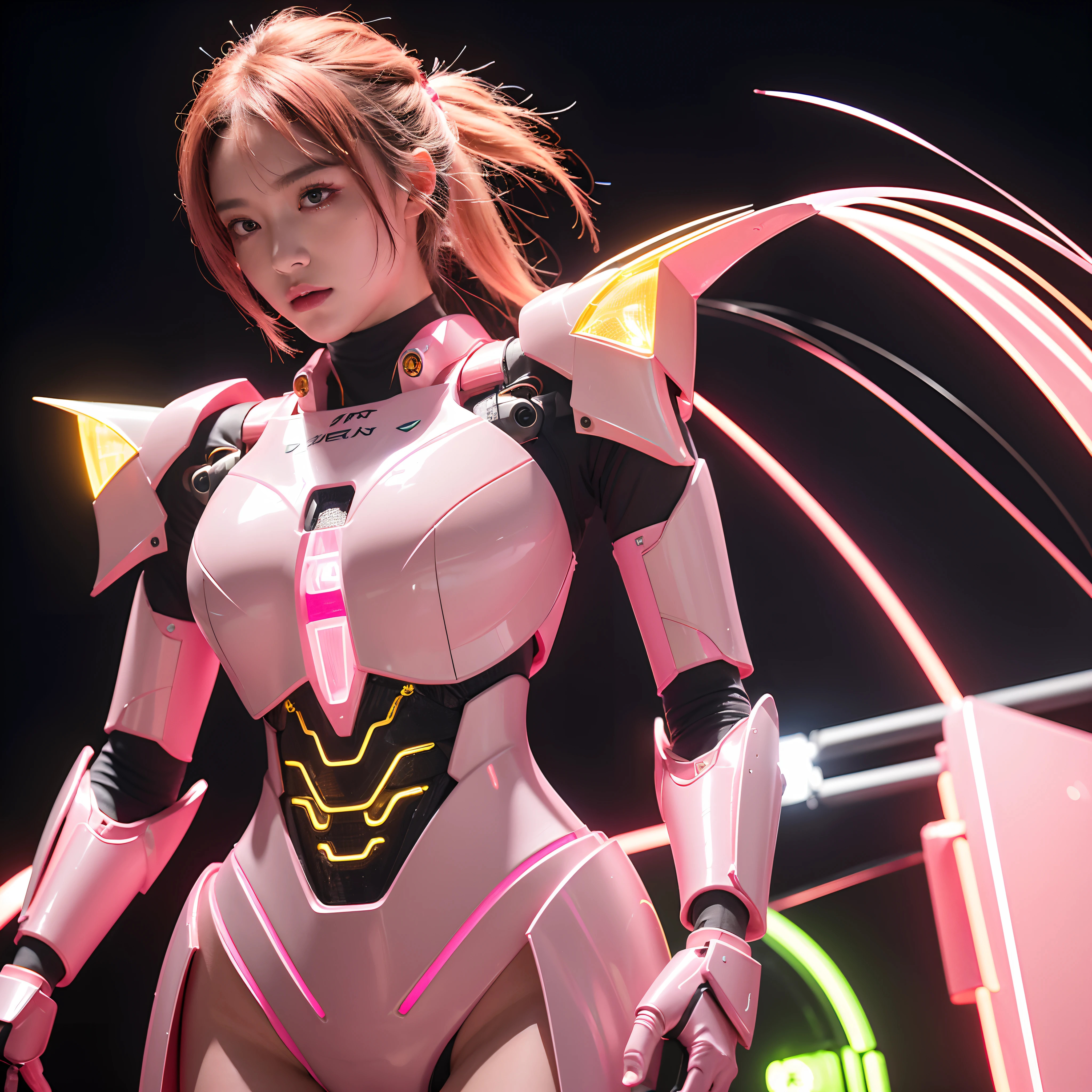 Close-up of robot in pink and yellow suit, Mecha suit, mecha art, mecha asthetic, girl in mecha cyber armor, neon armor, cool mecha style, neon scales and cyborg tech, Streamlined pink armor, dressed in light armor, in opal armor, intricate glowing mecha armor, full body mecha suit