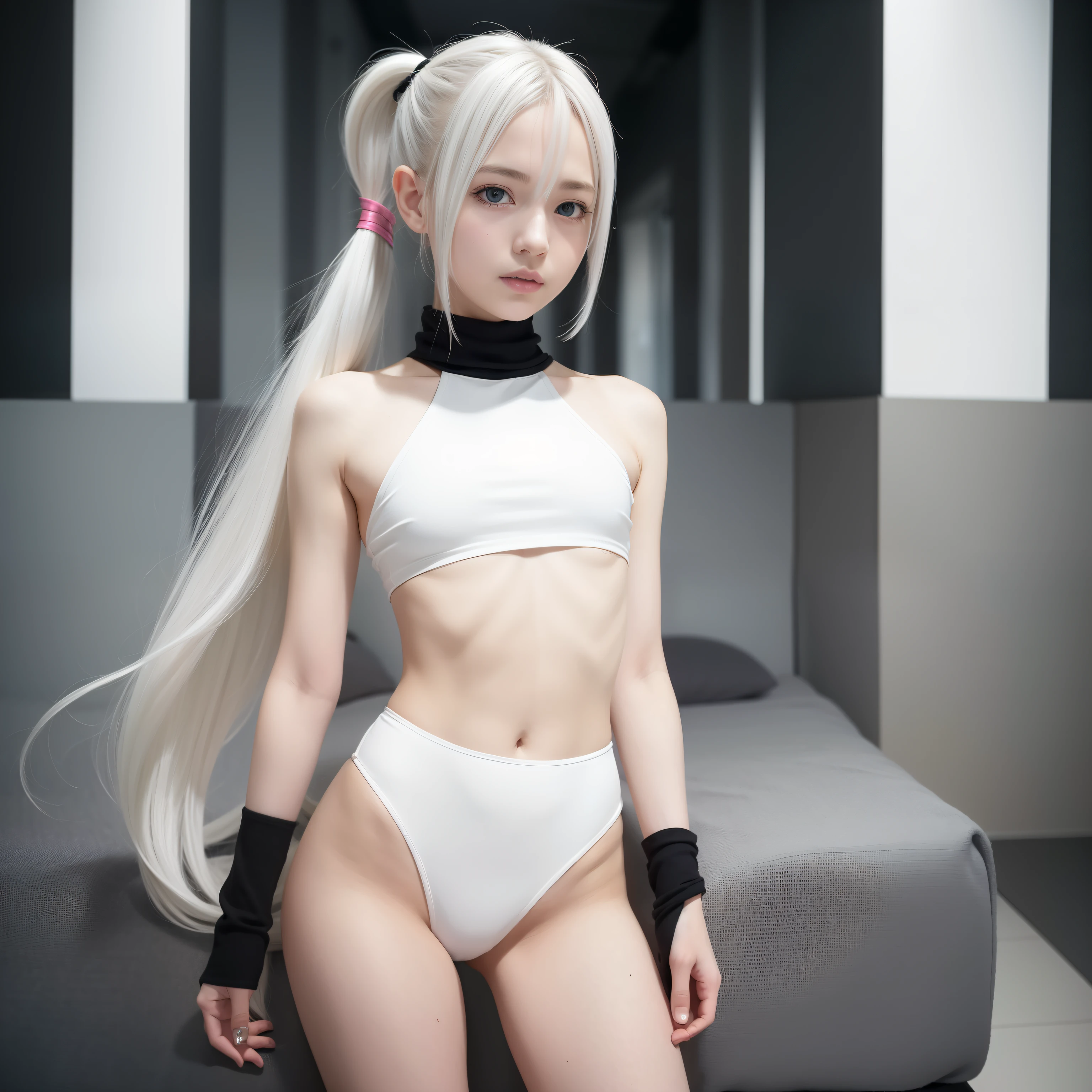 White-only base, Black and gray(Futuristic Nordic city),White Wall Hotel Bed,20 years girl,masutepiece , Best Quality,The best illustrations(Soft texture),Nahida(GenshinImpact) ,very slender body,tiny chest,Skinny Legs,Long hair ,Side Ponytail, Hair Ornament ,Street,White hair , White hair , hand behind head:1.5,multicolored hair, elf ,Skinny Legs,smil,Tsundere,