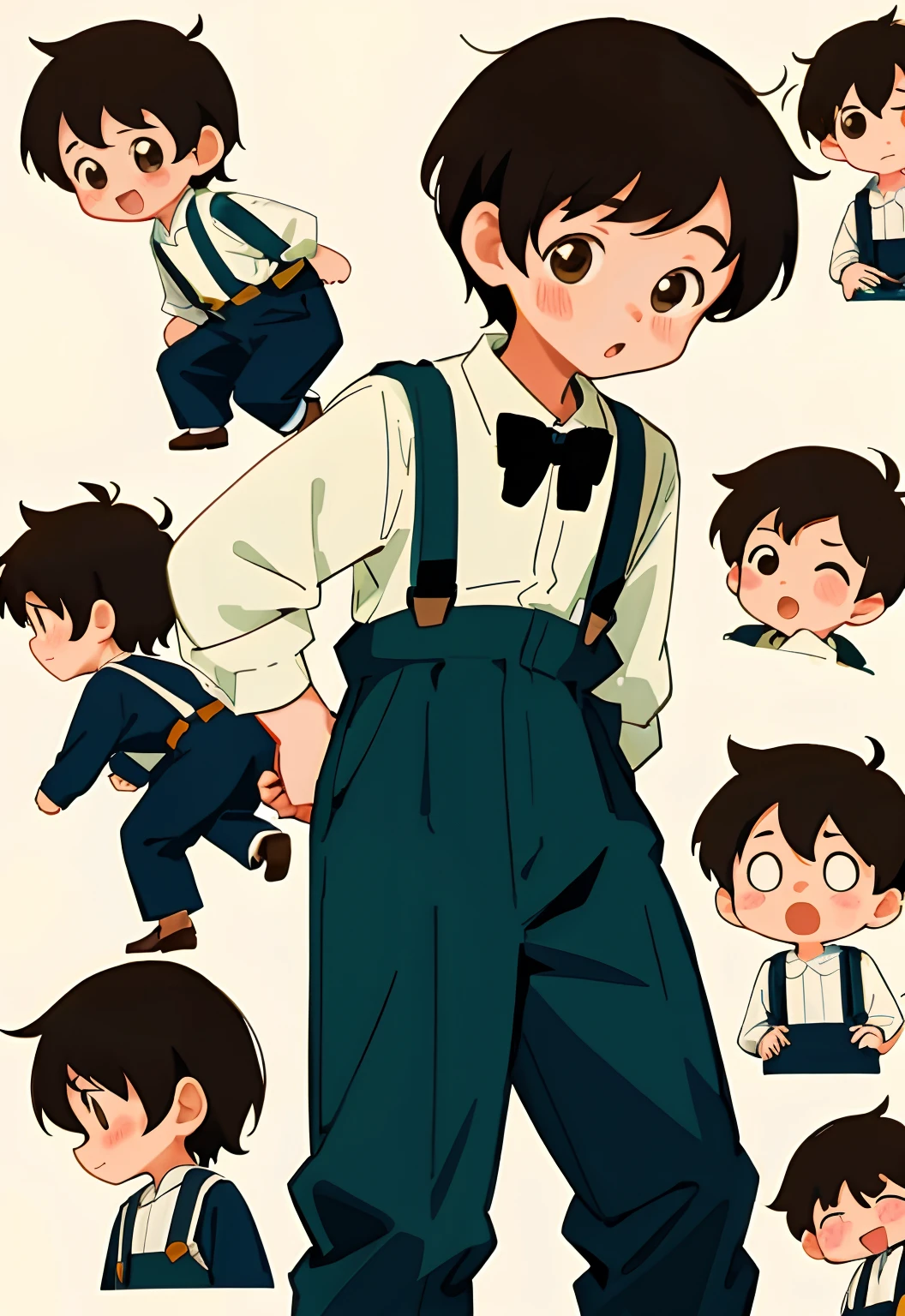 younge boy,multiple postures and expressions,Children's book illustration style,، simple,adolable,full-color,Black suspenders,brown hair,flatcolors,
