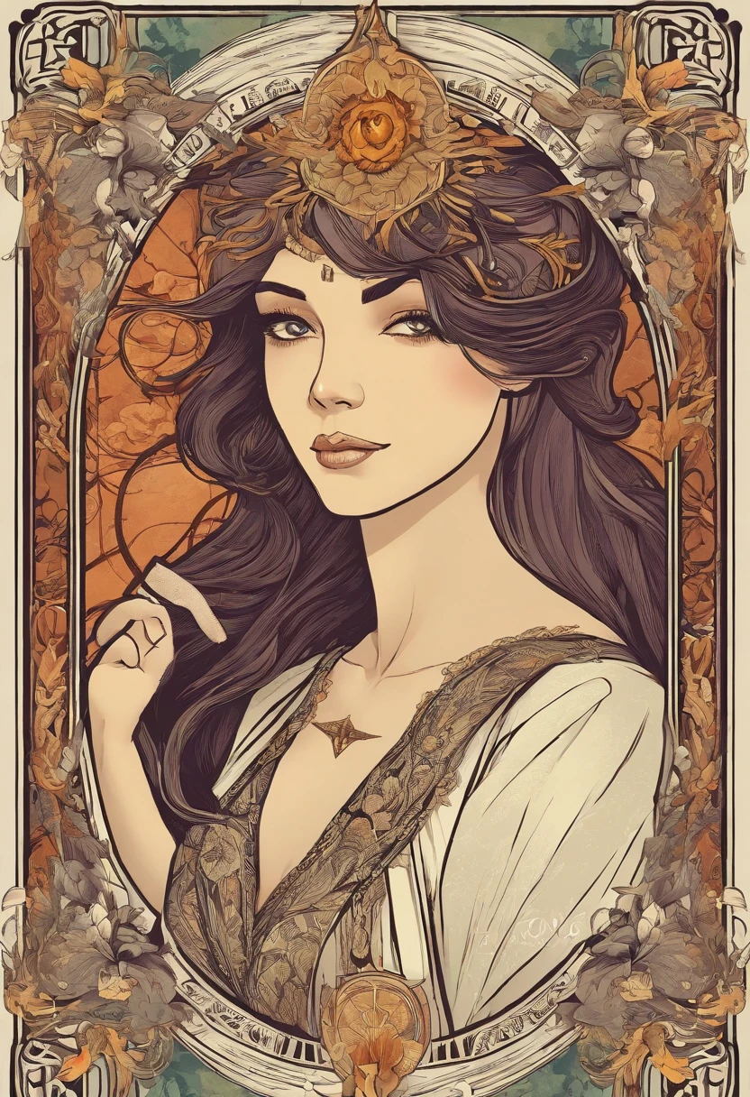 ((Best quality)) , ((Masterpiece)) , (Detailed) ,(Tarot card illustration:1.1),Room Wear, The beauty of American excellence in Buxon, No makeup, Facial tattoos, Realistic, Smirking, dollpunk, 50 millimeters, 8K resolution