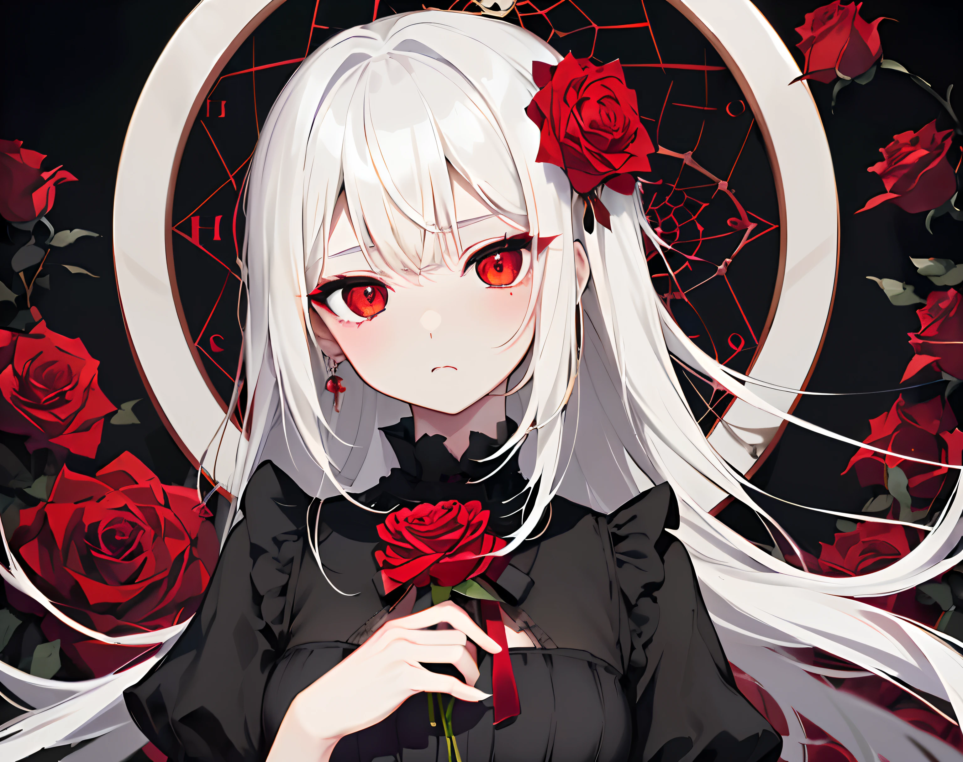 (top-quality、masterpiece)、(1girl in、独奏、Black dress、is standing、Look at viewers、a blond、red eyes、Have roses、Keep your mouth shut、The upper part of the body)、(Red Dream Catcher in the Back、Red flowers、)