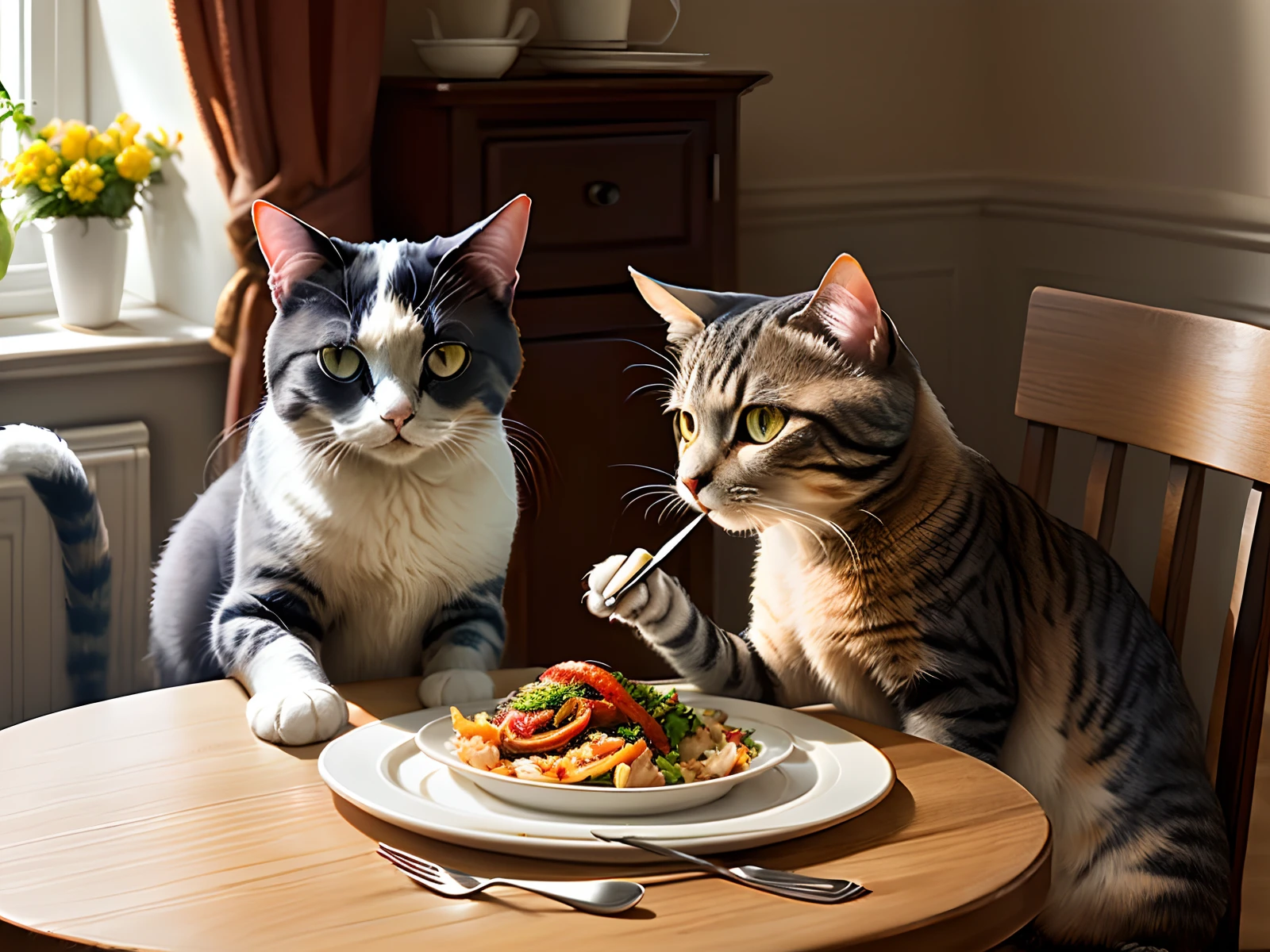 Grey British breed cat dining at table with knife and fork