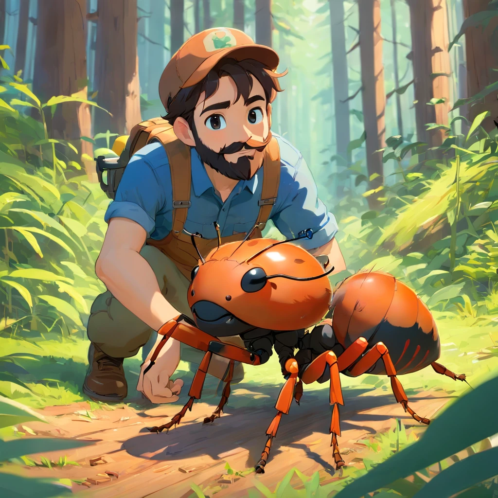 Bearded lumberjack style ants, 。.3D, 8K, Highly detailed, Digital painting, , illustration, art, 3D style Pixar animation, Big eyes, friendly, Golden-brown ants