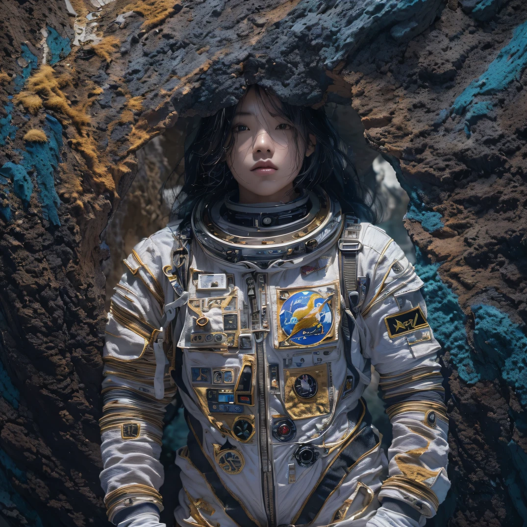 ((ultra real detailed.The astronaut) (Masterpiece, Top quality, Best quality, offcial art, Beauty and aesthetics: 1.2), Very detailed, Colorful, Most detailed, branches, The astronaut, （Mards）The astronaut（canyons）， （Linen future spacesuit）， Angry fighting stance， looking at the ground， Batik linen bandana， Chinese python pattern long-sleeved garment， Astronaut Canyon（Abstract propylene splash：1.2）， Dark clouds lightning background，Sprinkle with gold dust（realisticlying：1.4），Black color hair，Flour fluttering，rainbow background， A high resolution， the detail， RAW photogr， Sharp Re， Nikon D850 Film Stock Photo by Jefferies Lee 4 Kodak Portra 400 Camera F1.6 shots, Rich colors, ultra-realistic vivid textures, Dramatic lighting, Unreal Engine Art Station Trend, cinestir 800，Flowing black hair,（（（Mards）））