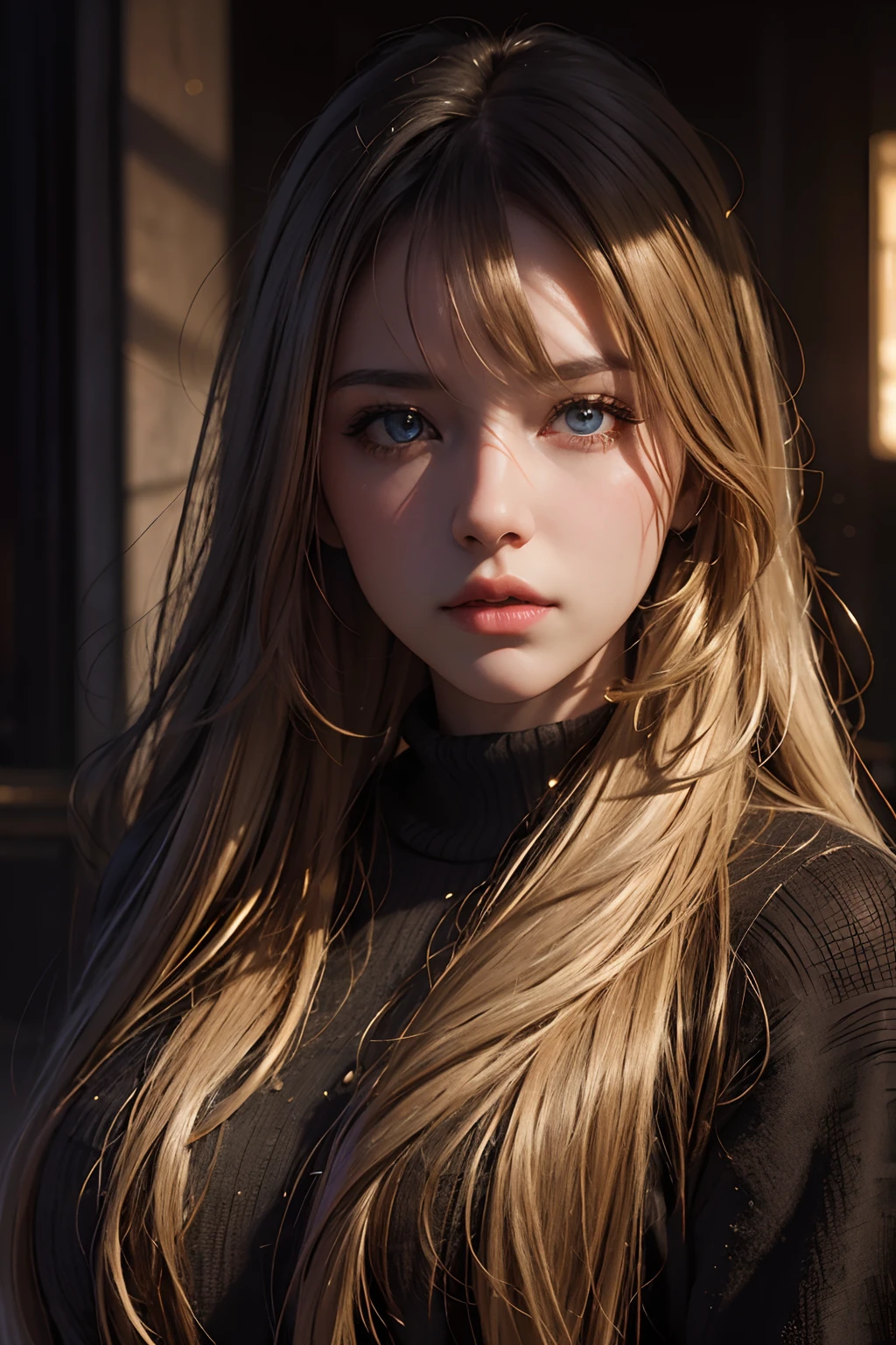 Best quality, masterpiece, ultra high res, (photorealistic:1.4), raw photo, 1girl, long hair, gold hair, detailed eyes and face, black sweater, dynamic lighting, in the dark, deep shadow, low key, cowboy shot