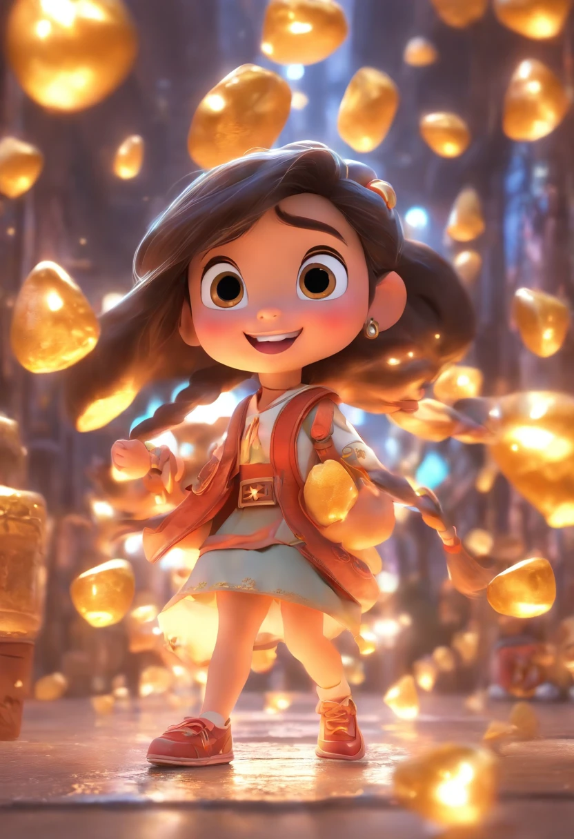 (Pixar style),A -year Chin girl,Travel backpacks,The ground is full of precious stones and gold coins,Miniature character model, Light source from right to left, Rum lighting, Light source from right to left, Realistic proportions, Post-processing, ((Orthogonal perspective)), Super detail, Realistic, Super realistic, photoreal render,long whitr hair,Trip,Disney style