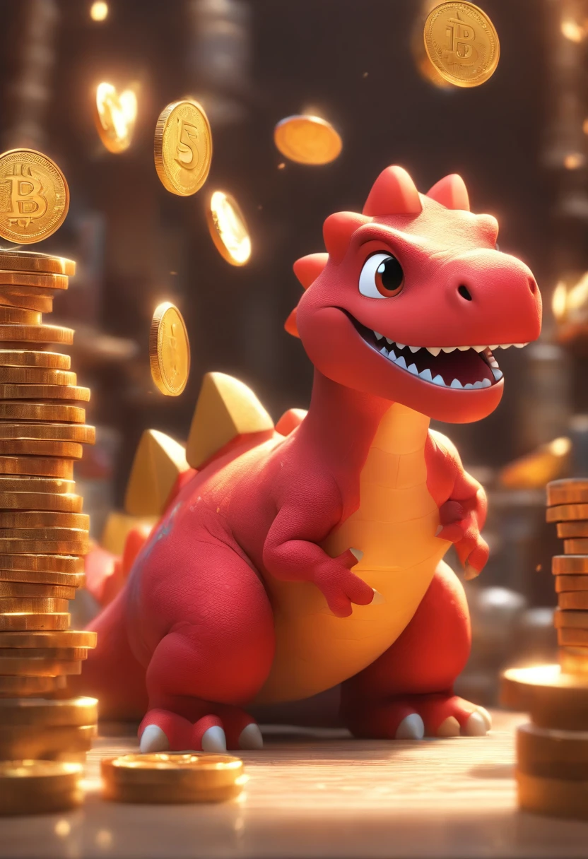 （Pixar style),A small red dinosaur，chests，Pedras preciosas、gold coins，Miniature character model, Light source from right to left, Rum lighting, Light source from right to left, Realistic proportions, Post-processing, ((Orthogonal perspective)), Super detail, Realistic, Super realistic, photoreal render,