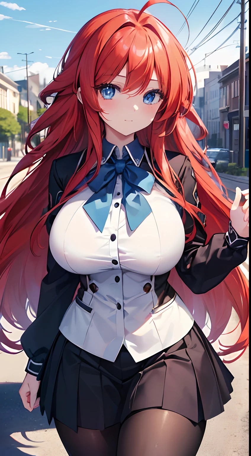 masterpiece, best quality, 1girl, long hair, looking at viewer, :3, cute, black school uniform, outdoors, streets, cowboy shot, big breasts, curvy, (((blue eyes))), rias gremory, red hair, antenna hair, wavy hair, ((beautiful detailed eyes, beautiful detailed shine, lots of shine)), anime screenshot