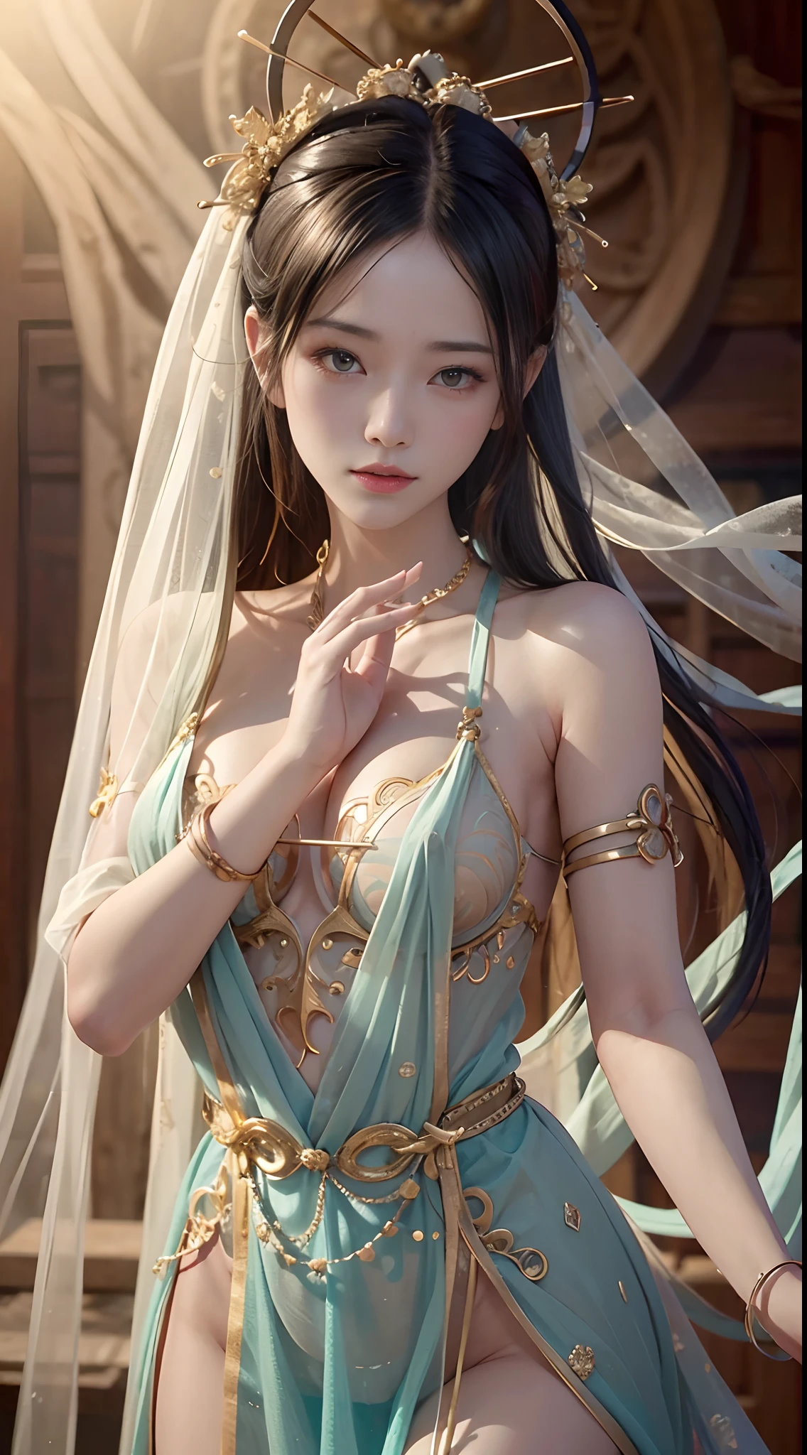 best qualtiy,tmasterpiece,Extremely detailed details,hight resolution,8K,intricate-detail,realisticlying,Photorealsitic,dramatic lighting,1girll,dunhuang_Clothes,dunhuang_Dress,Little Breast,No blockage,Through a thin veil,A glimpse of the chest,Create engaging and thought-provoking effects,cowboy lens,Different fields of view、whirling