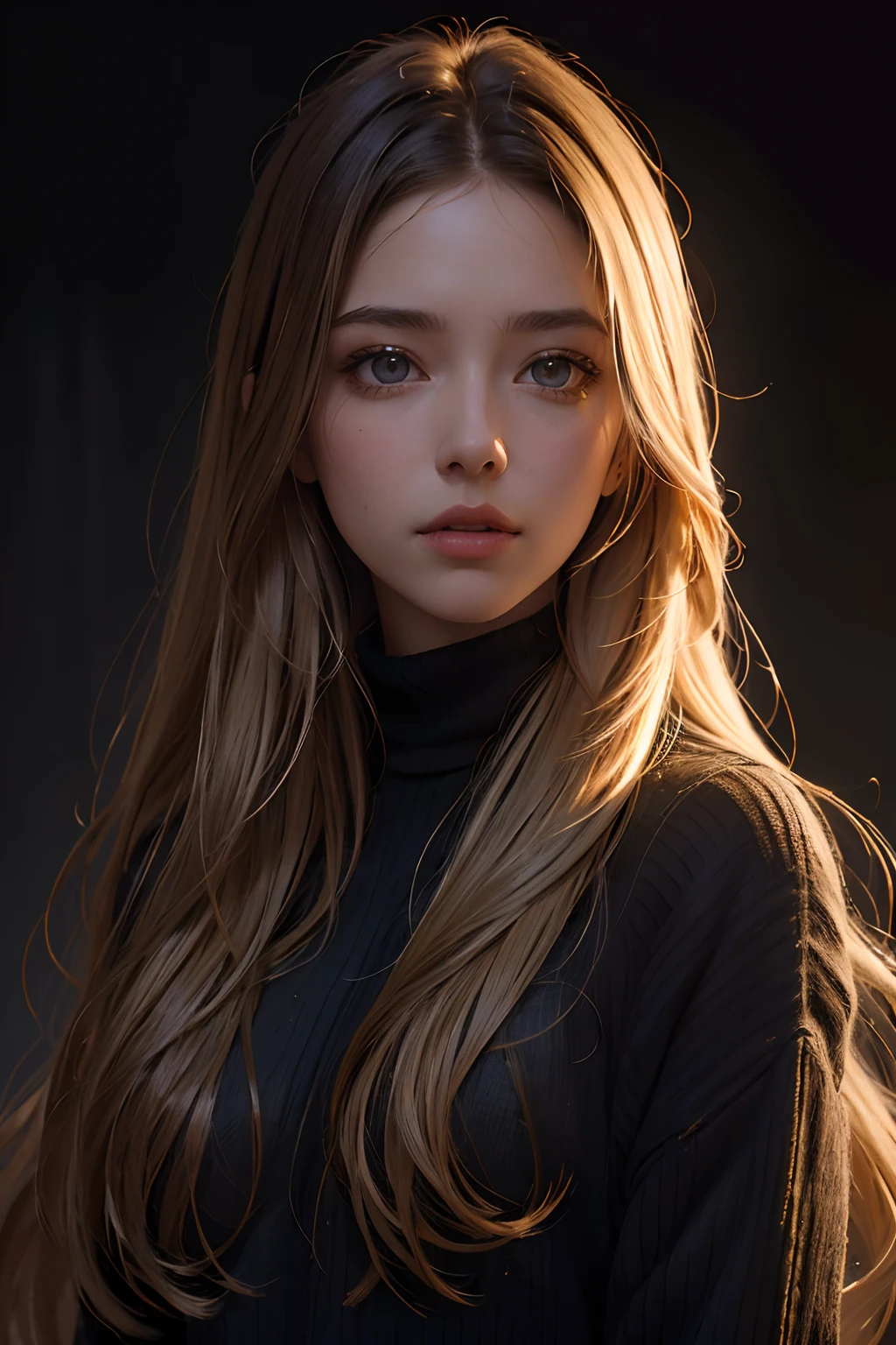 Best quality, masterpiece, ultra high res, (photorealistic:1.4), raw photo, 1girl, long hair, gold hair, detailed eyes and face, black sweater, dynamic lighting, in the dark, deep shadow, low key, cowboy shot