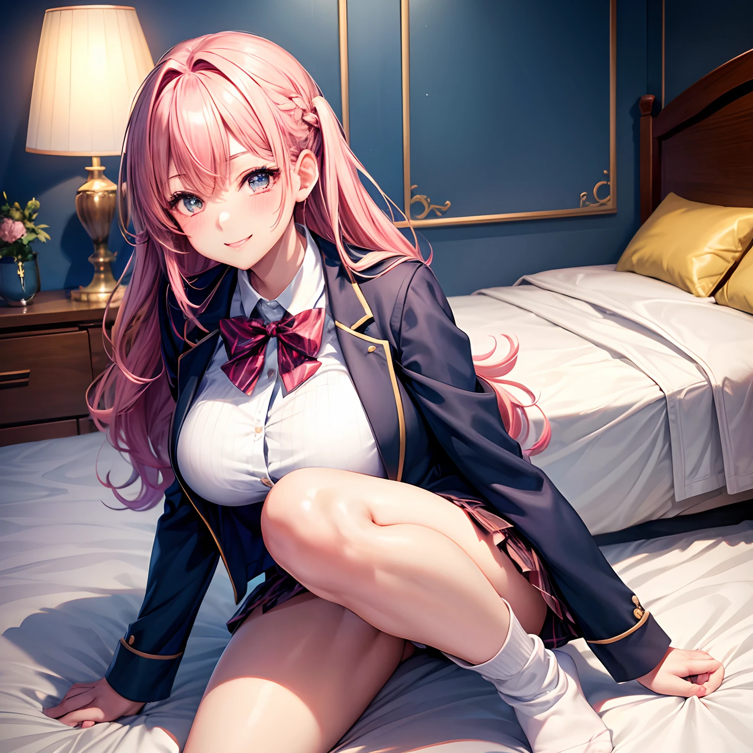 beautiful girl, cute girl, cute blazer, blushing smile, alluring girl, anime girl, best quality, large breasts, multi-colored hair, masterpiece:1.2, stunning figure, irresistibly cute, ultra-high resolution, gorgeous girl, lovely girl, relaxed socks, perfect beauty, HD quality, 8K, bed.