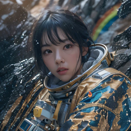 ((ultra real detailed.The astronaut) (Masterpiece, Top quality, Best quality, offcial art, Beauty and aesthetics: 1.2), Very detailed, Colorful, Most detailed, branches, The astronaut, (Mards)The astronaut(canyons), (Linen future spacesuit), Angry fighting stance, looking at the ground, Batik linen bandana, Chinese python pattern long-sleeved garment, Astronaut Canyon(Abstract propylene splash:1.2), Dark clouds lightning background,Sprinkle with gold dust(realisticlying:1.4),Black color hair,Flour fluttering,rainbow background, A high resolution, the detail, RAW photogr, Sharp Re, Nikon D850 Film Stock Photo by Jefferies Lee 4 Kodak Portra 400 Camera F1.6 shots, Rich colors, ultra-realistic vivid textures, Dramatic lighting, Unreal Engine Art Station Trend, cinestir 800,Flowing black hair,(((Mards)))