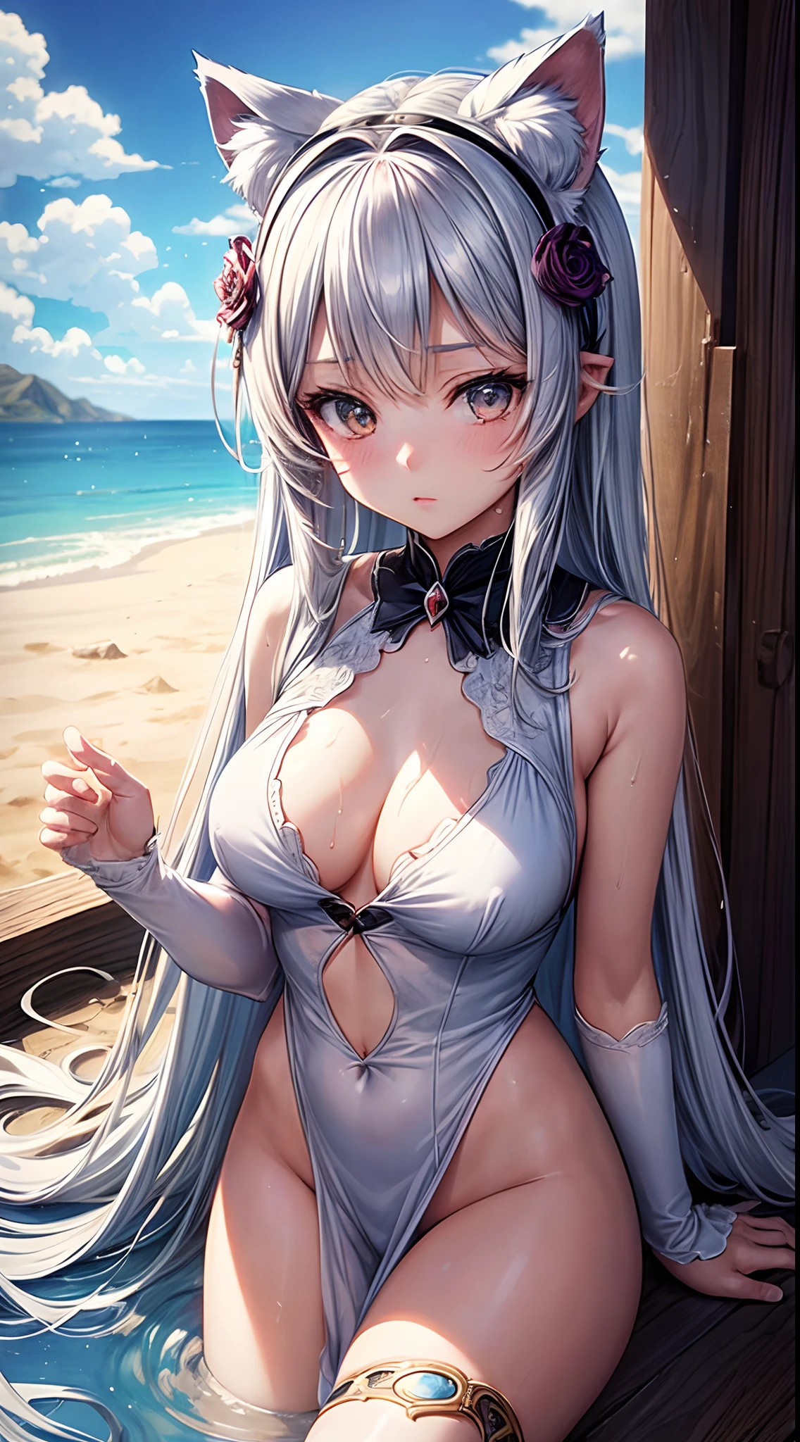 Masterpiece, Top quality anime illustrations, Super detailed, One girl, solofocus, Beautiful girl with silver cat ears, mediuml breasts,Anime loli, Cat-eared loli, chest emphasis, Nemesis, Bathe in a desert oasis, Wet perspective