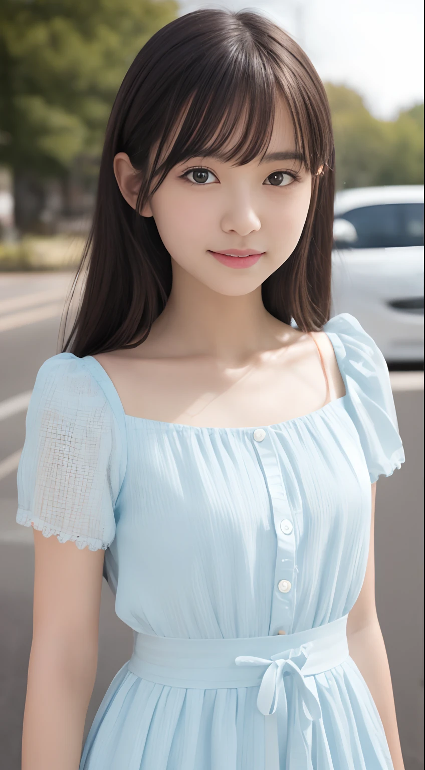 masutepiece, Best Quality, 8K, ers old, Teen, Raw photo, absurderes, award winning portrait, Smile, Solo, Idol face, violaceaess, Delicate girl, Upper body, Digital SLR, Looking at Viewer, Candid, Sophisticated,Thin arms, Professional Lighting, Film grain, chromatic abberation, (Eyes and faces with detailed:1.0), (Bokeh:1.1) , (White short sleeve dress with ruffles:1.1) , closes mouth, White flower hair ornament、