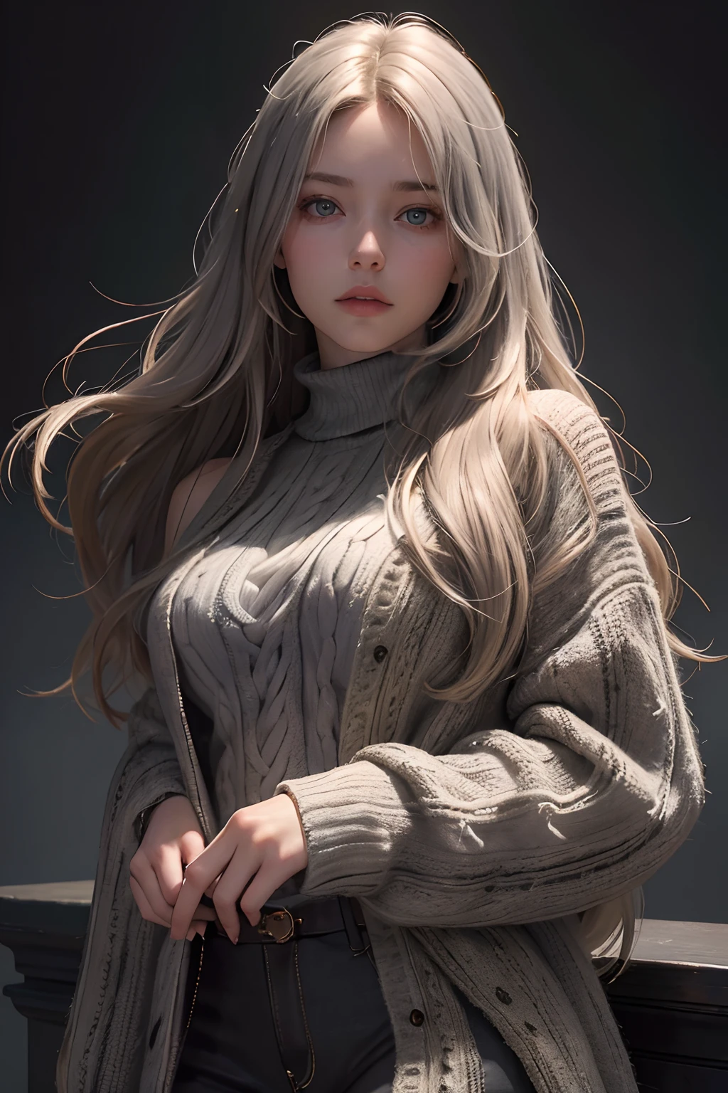 Best quality, masterpiece, ultra high res, (photorealistic:1.4), raw photo, 1girl, long hair, gold hair, detailed eyes and face, grey stone sweater, dynamic lighting, in the dark, deep shadow, low key, cowboy shot