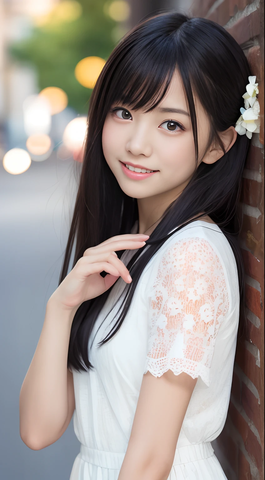 masutepiece, Best Quality, 8K, 8years old, , Raw photo, absurderes, award winning portrait, Smile, Solo, (Night:1.8), Idol face, Delicate girl, Upper body, Digital SLR, Looking at Viewer, Candid, Sophisticated,Thin arms, Professional Lighting, Film grain, chromatic abberation, (Eyes and faces with detailed:1.0), (Bokeh:1.1) , (polo shirts:1.1) , closes mouth , A dark-haired , drooing eyes , large full breasts , plump lips