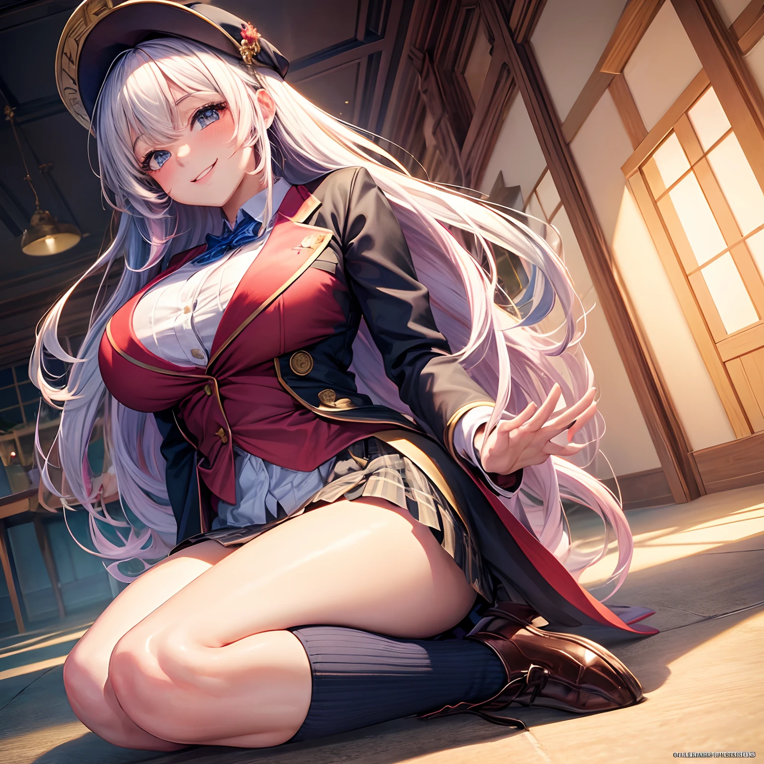 1 woman,(High resolution images),(Sunlight4K),I have white hair.,cute,Smiling, turning towards the camera,Beautiful blue eyes sparkling,Put on white stockings,long hair,Wear a red bow on the white side of your hair.,teenager,Big tits,Japanese ,sitting in the classroom