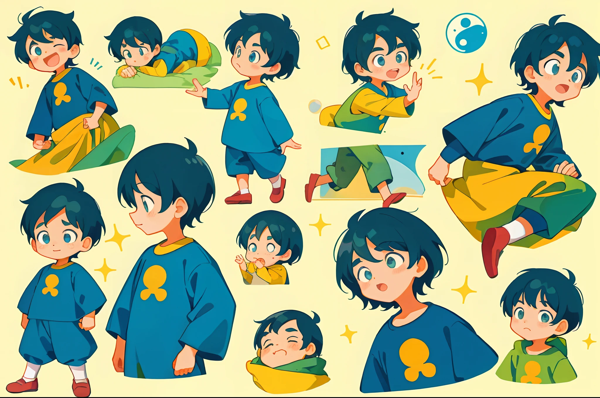 younge boy,multiple postures and expressions,Children's book illustration style,، simple,adolable,full-color,flatcolors,