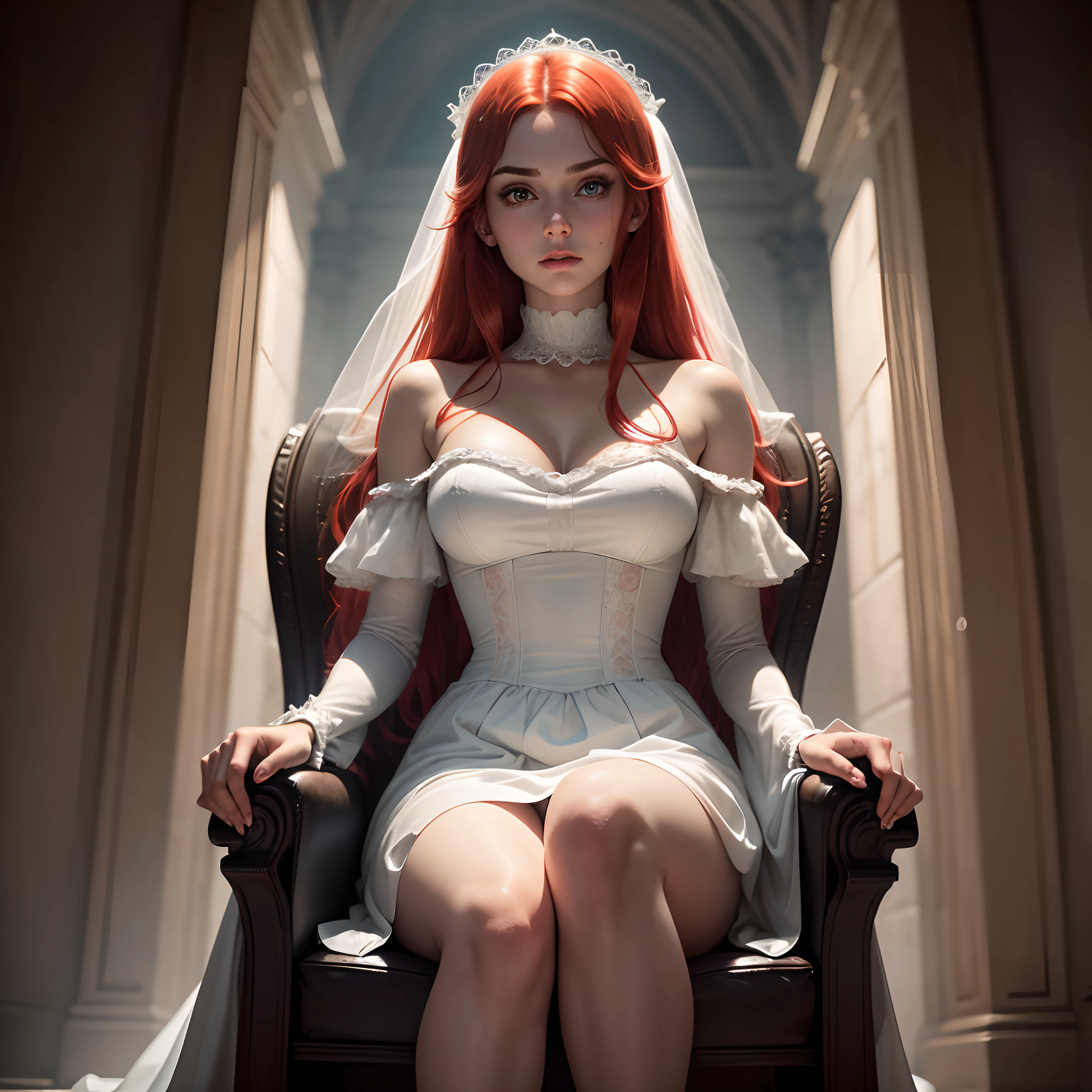 Cinematic footage of Mario Bava's horror movie, Full Medium Close-up, Gorgeous 18-year-old woman resembling Bella Thorne, long red hair, soft pale skin, Pretty and young々Shishi Face, Well-defined eyebrows, Light blue eyes, delicate nose, plump round lips, thin and long legs,White high heels,Walk through the Gothic cemetery at night in a white wedding middle dress, Foggy and rainy conditions, Ghostly atmosphere, 1600s, (high skin detail: 1.2), Ultra-detailed, Photorealsitic, depth of fields, Cinematic lighting, IMAX Camera, nffsw, nffsw, Full-HD, 8K,Sitting on a battered chair,Sit on the grave,,